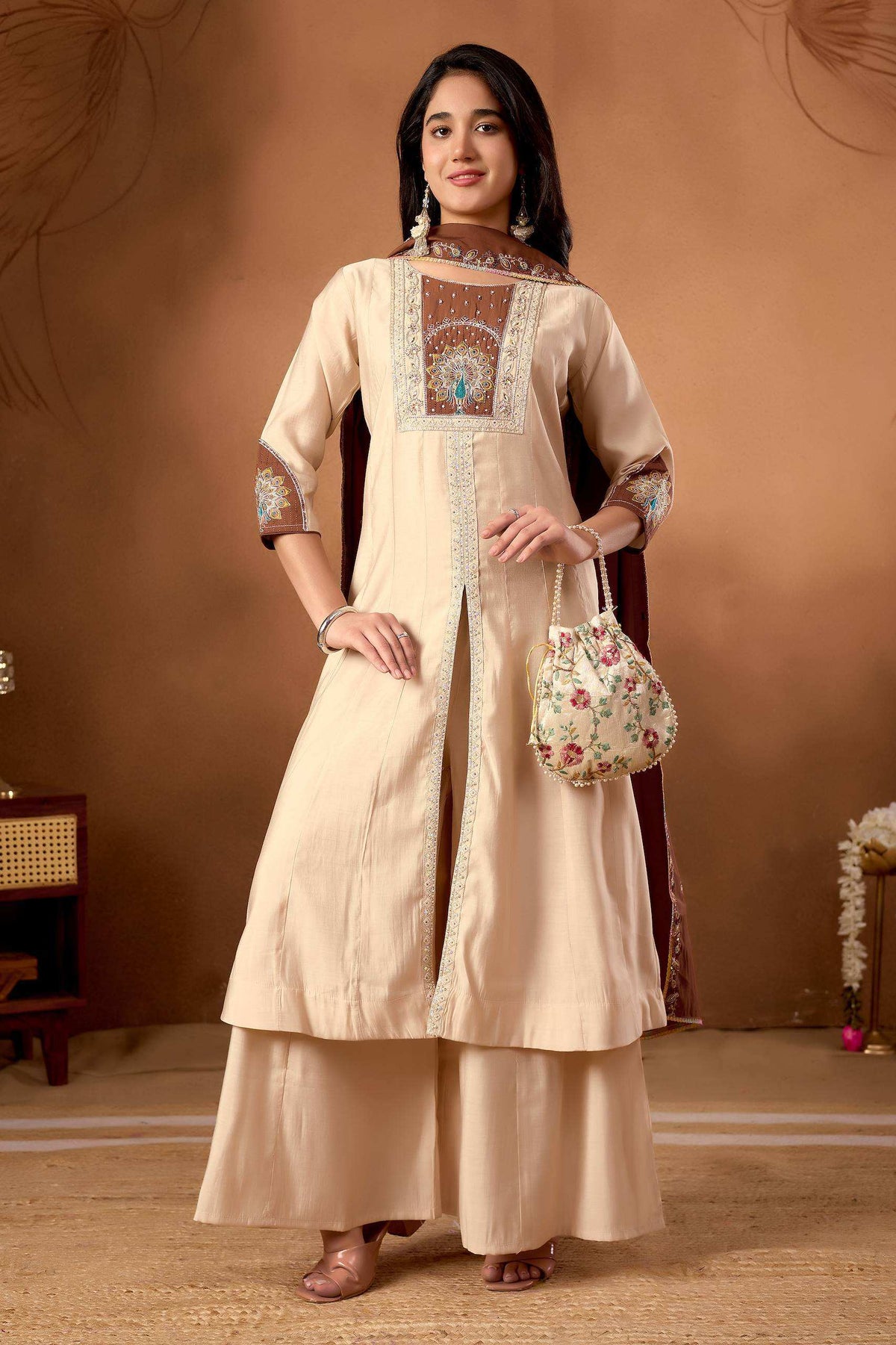 Ivory Beige Embroidered Kurta Set