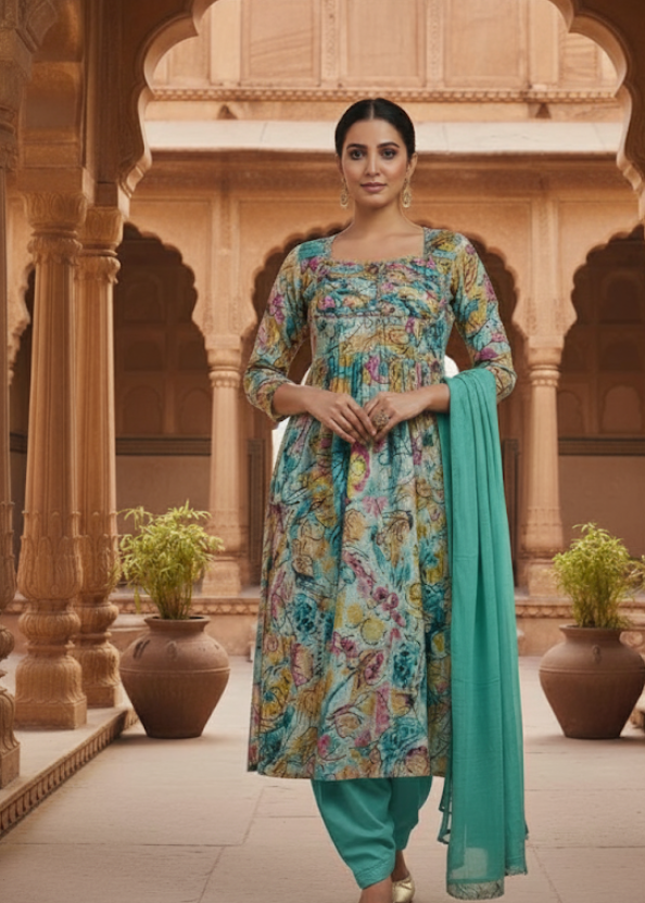 Sea Green Multi Colour Printed Kurti With Mirror Work