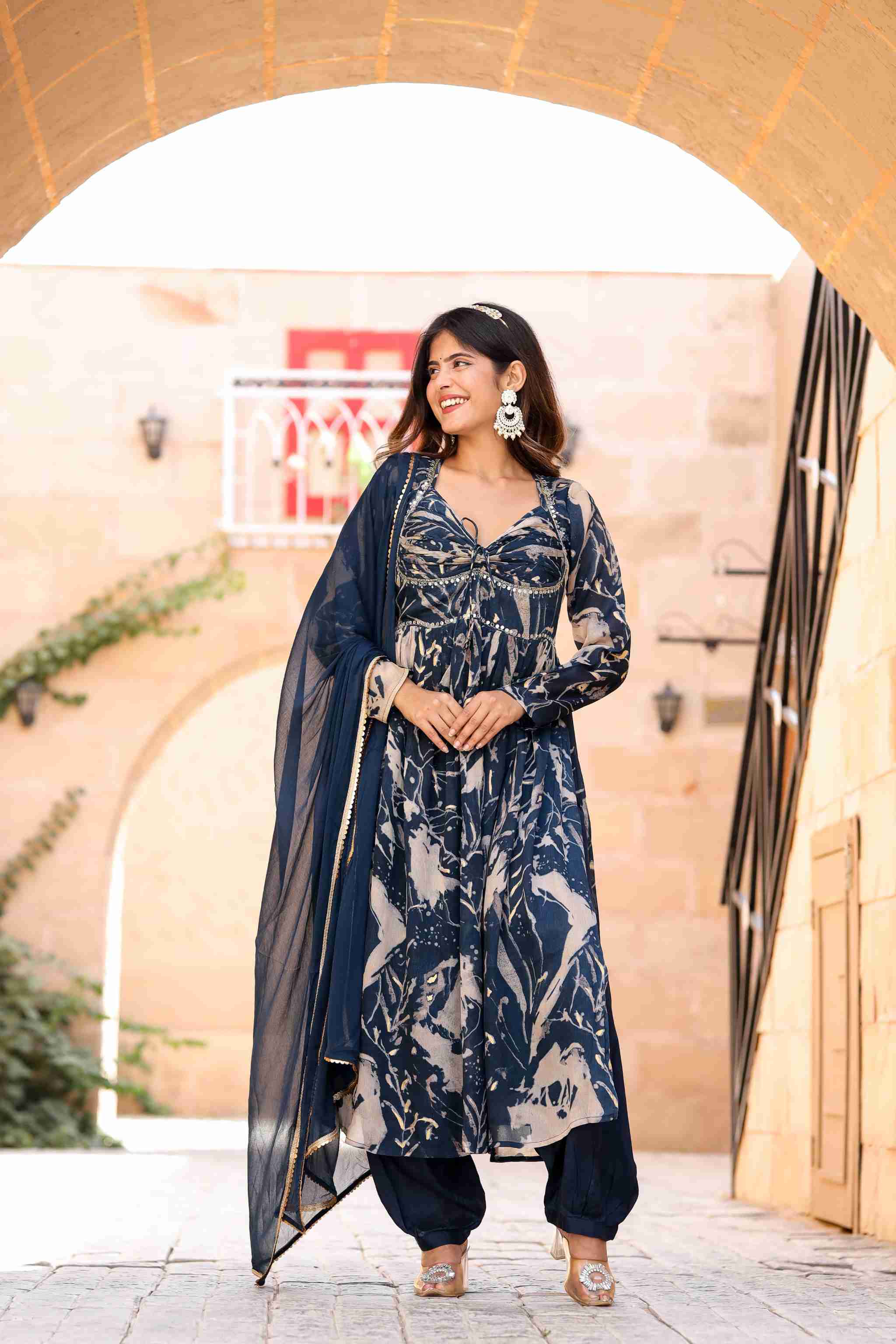 Blue Printed Chinon Anakarli kurta with afghani salwar
