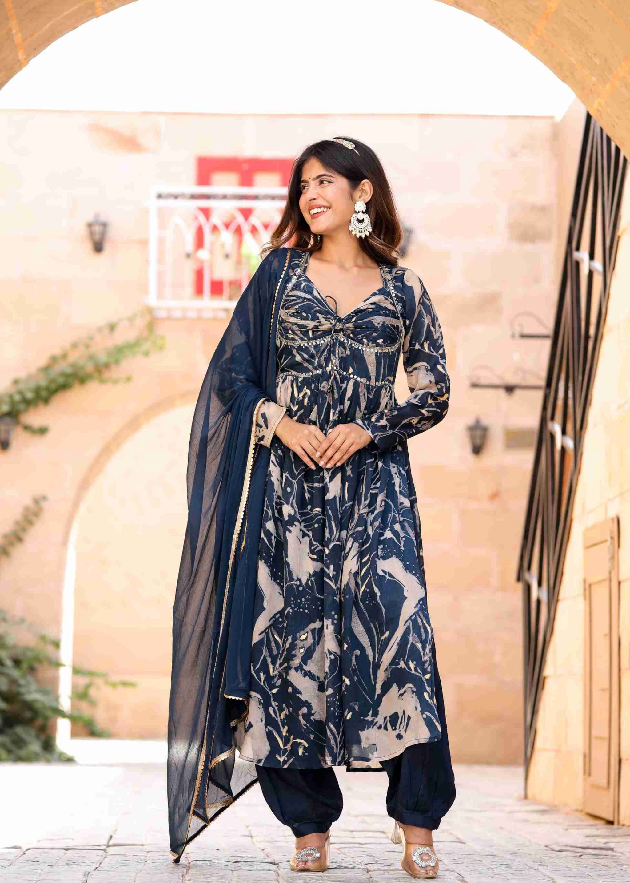 Blue Printed Chinon Anarkali Kurta With Afghani Salwar
