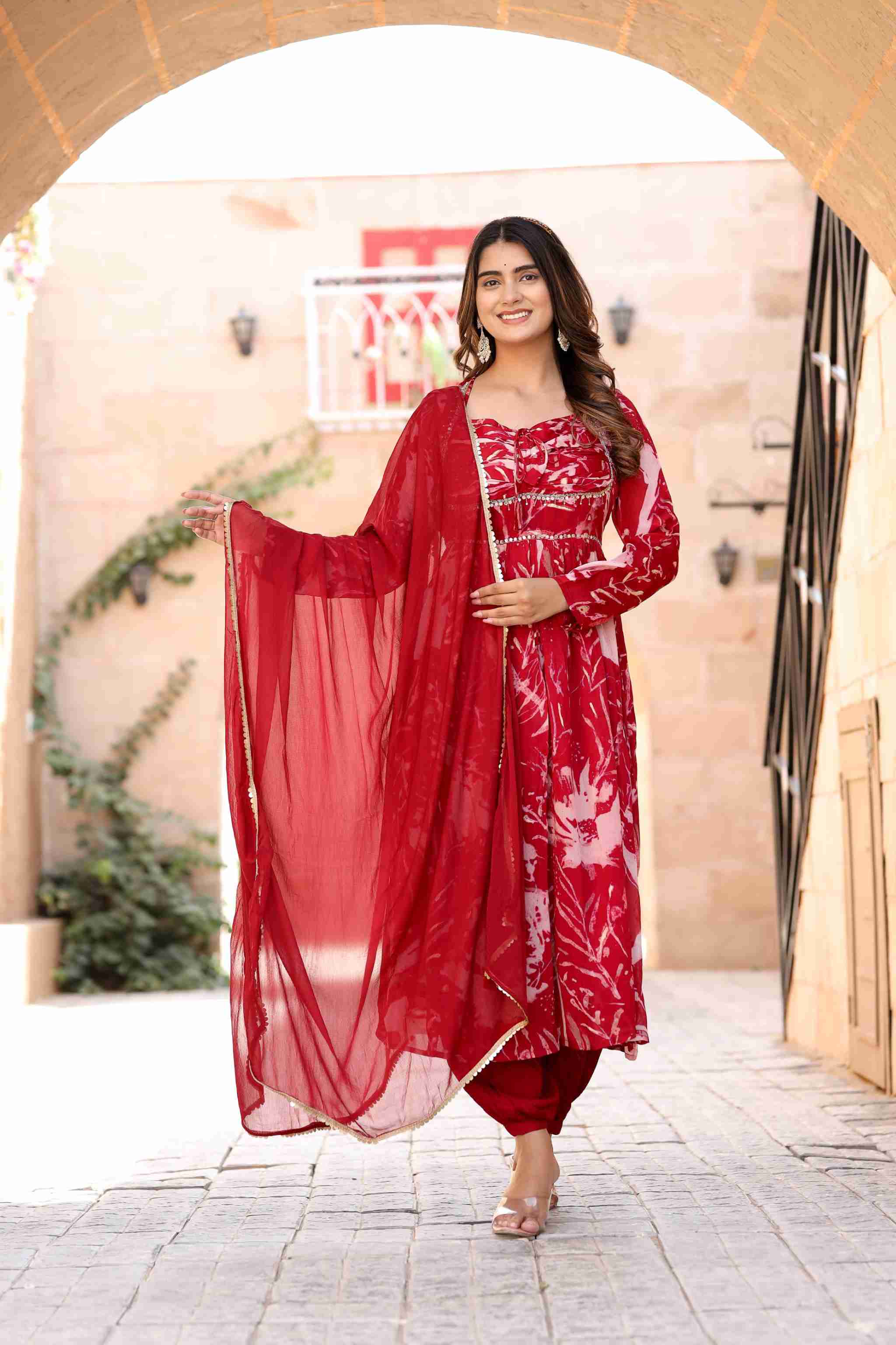 Red Printed Chinon Anakarli kurta with afghani salwar