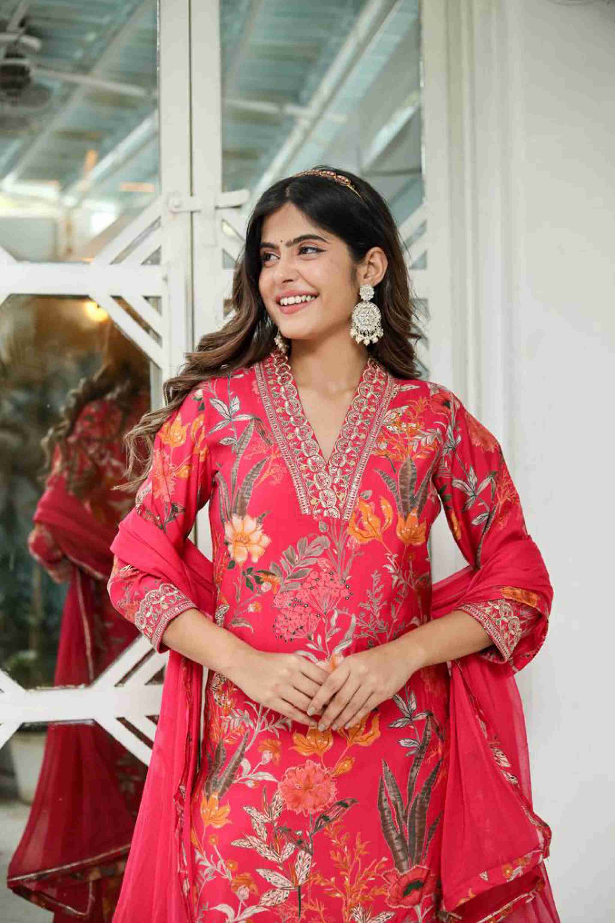 V Neck Floral Straight Kurta with Dupatta and pant