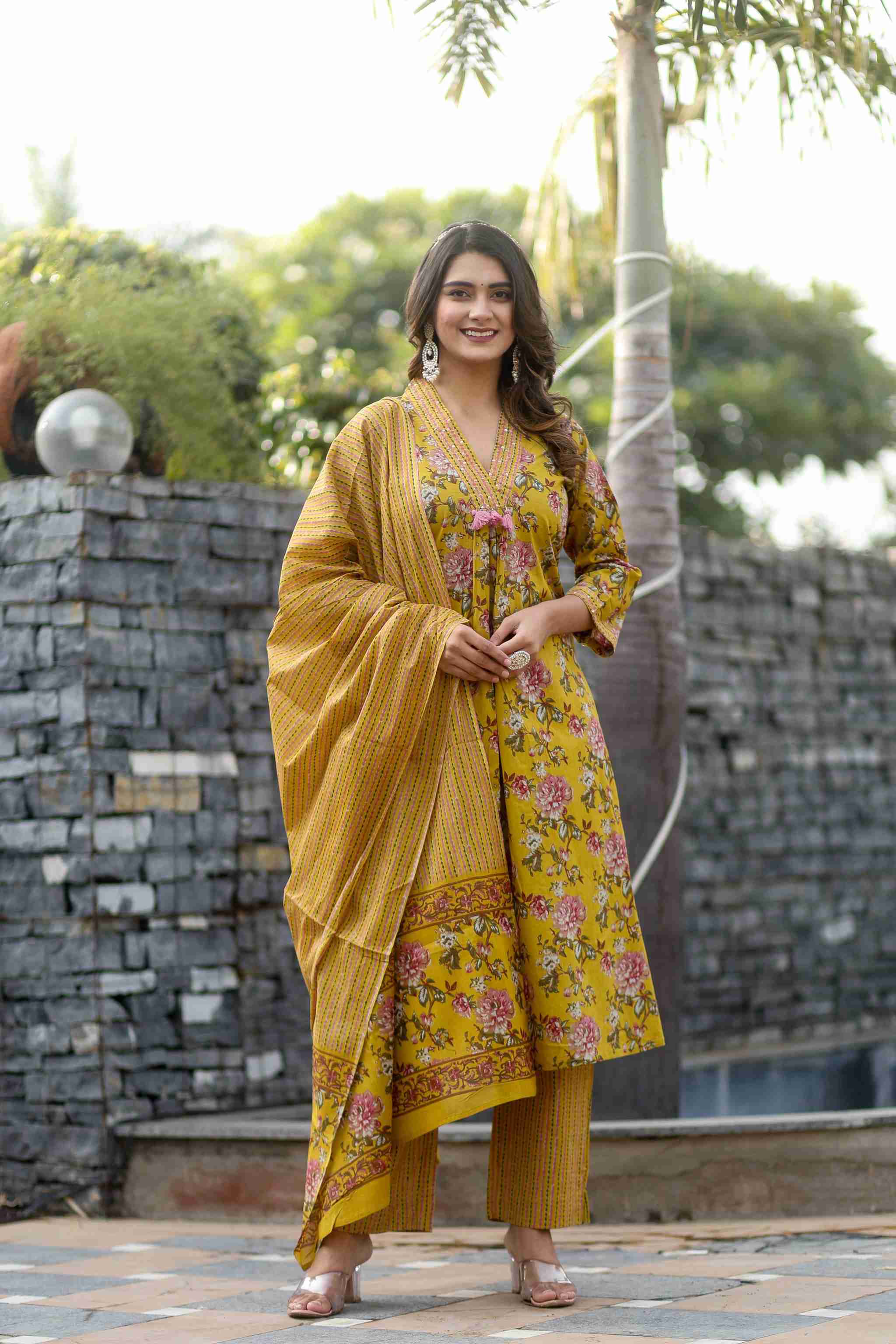 V-neck Mustard Floral Straight Suit Set