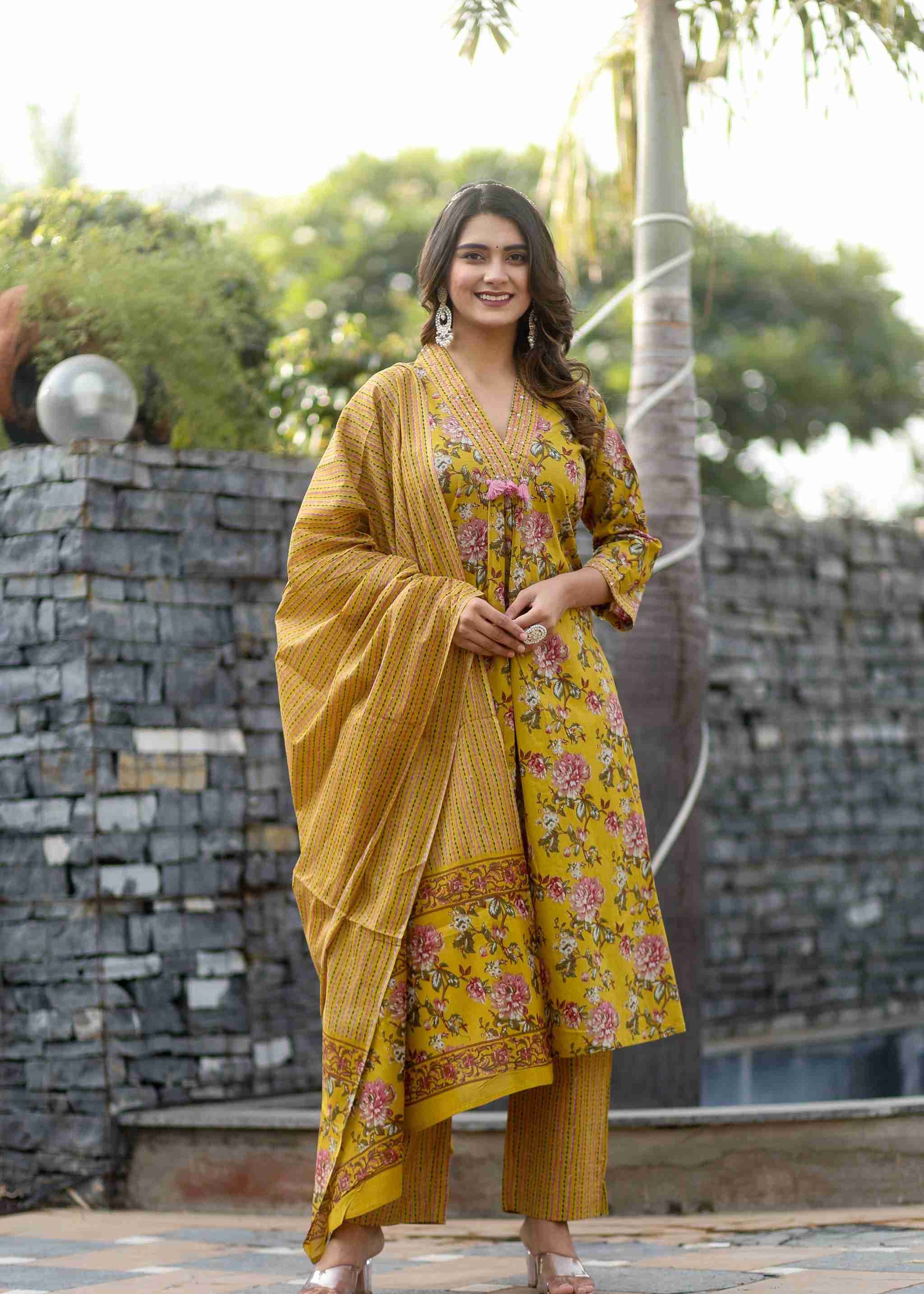 V-Neck Mustard Floral Straight Suit Set