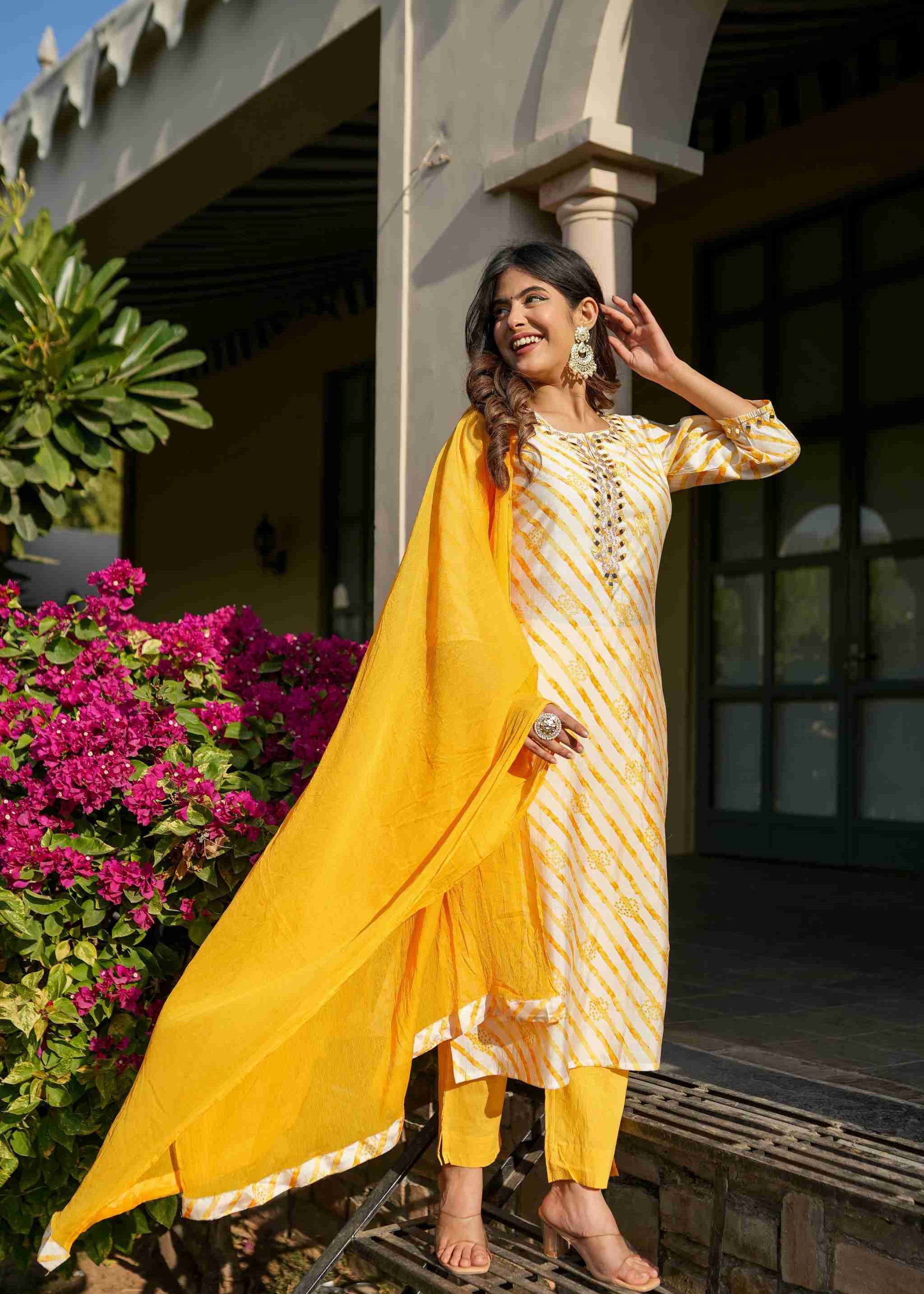 Yellow Leheriya Straight Kurta Set With Mirror Work