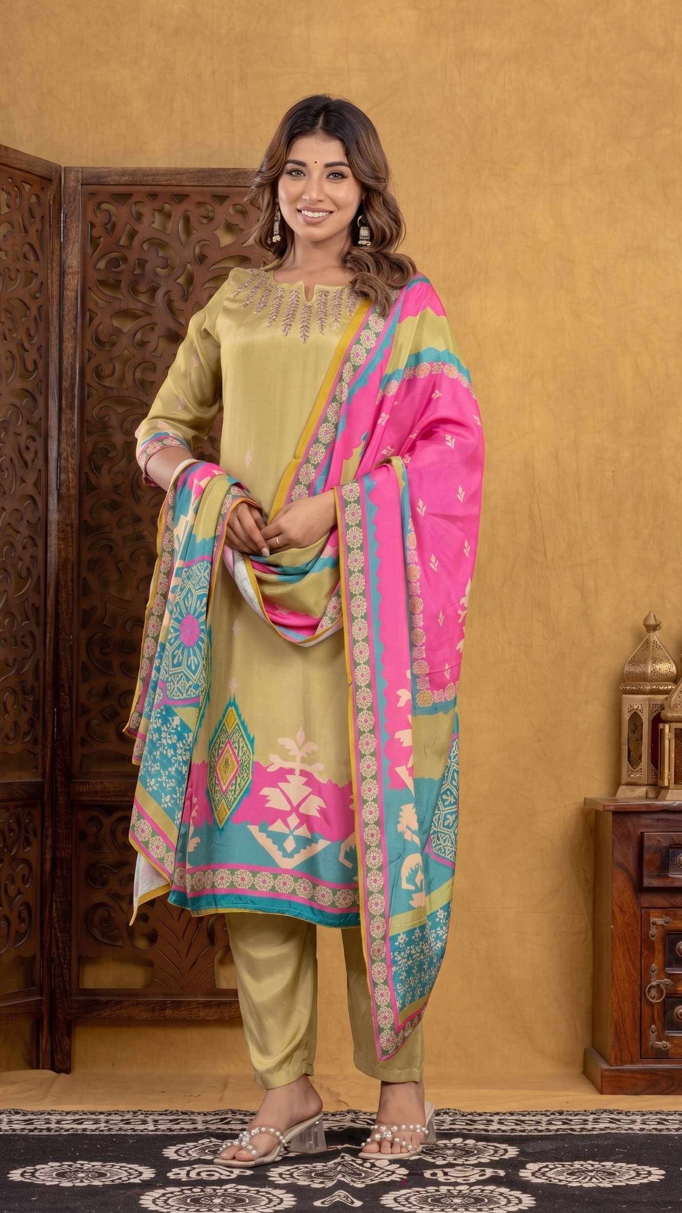 Vibrant Olive Green & Multi-Colour Printed Suit Set