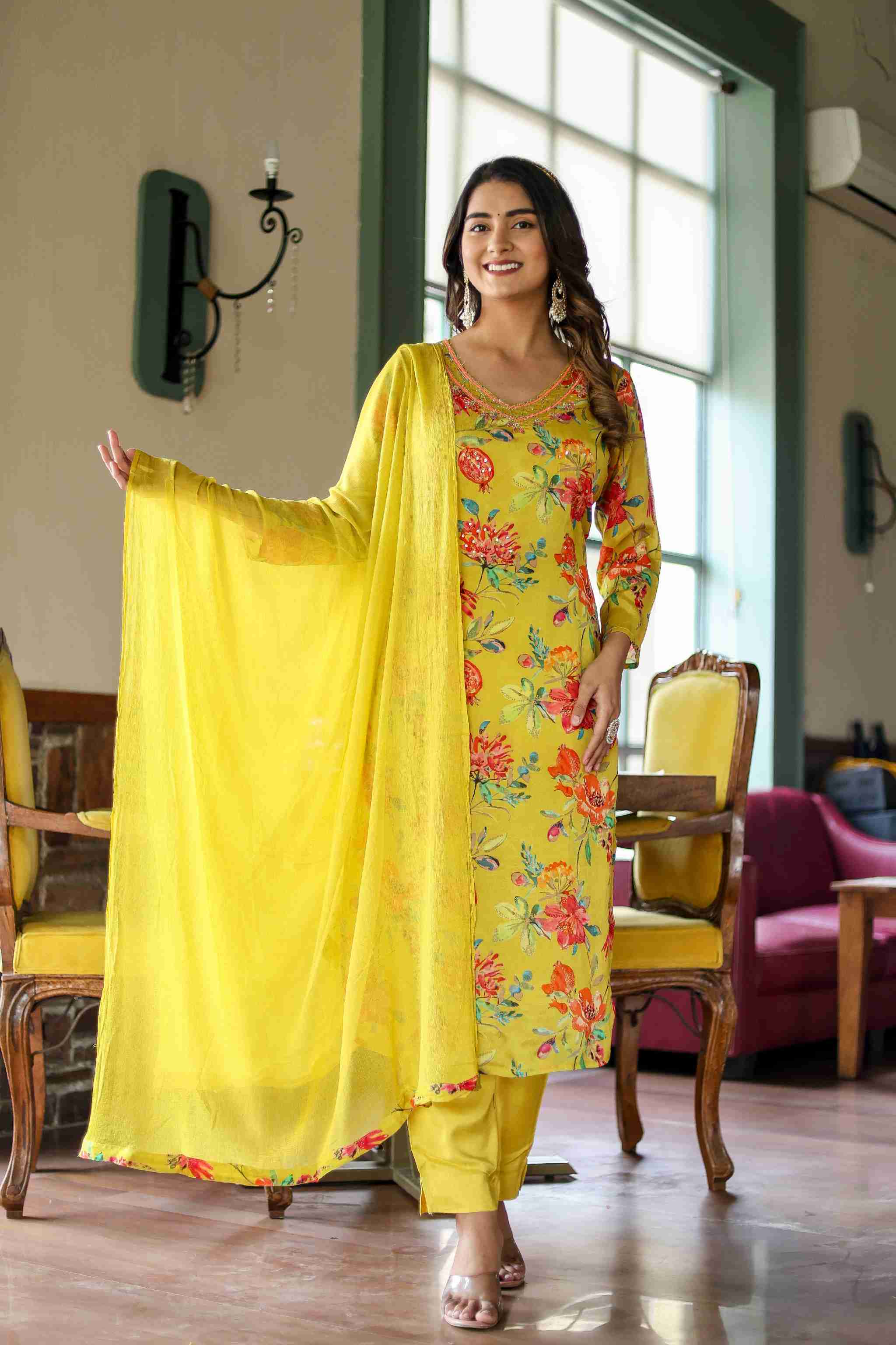 Ladoo Peela Colour Floral Chinon Straight Kurta With Pant and Dupatta