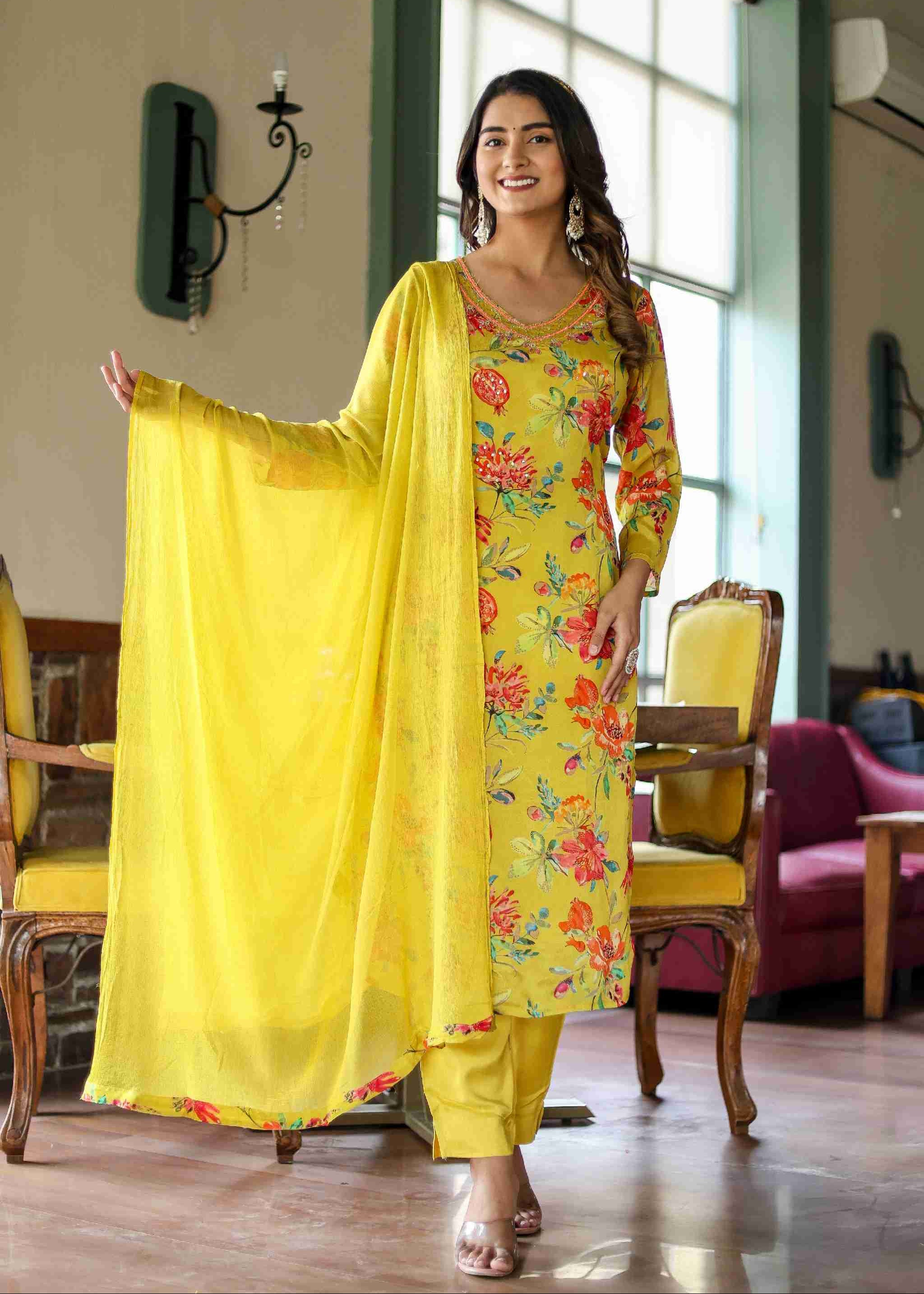 Ladoo Peela Colour Floral Chinon Straight Kurta With Pant And Dupatta