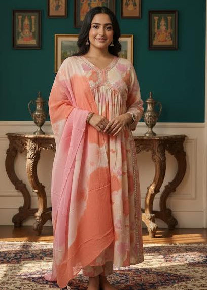 Peach-Pink Floral Mirror Work Kurti