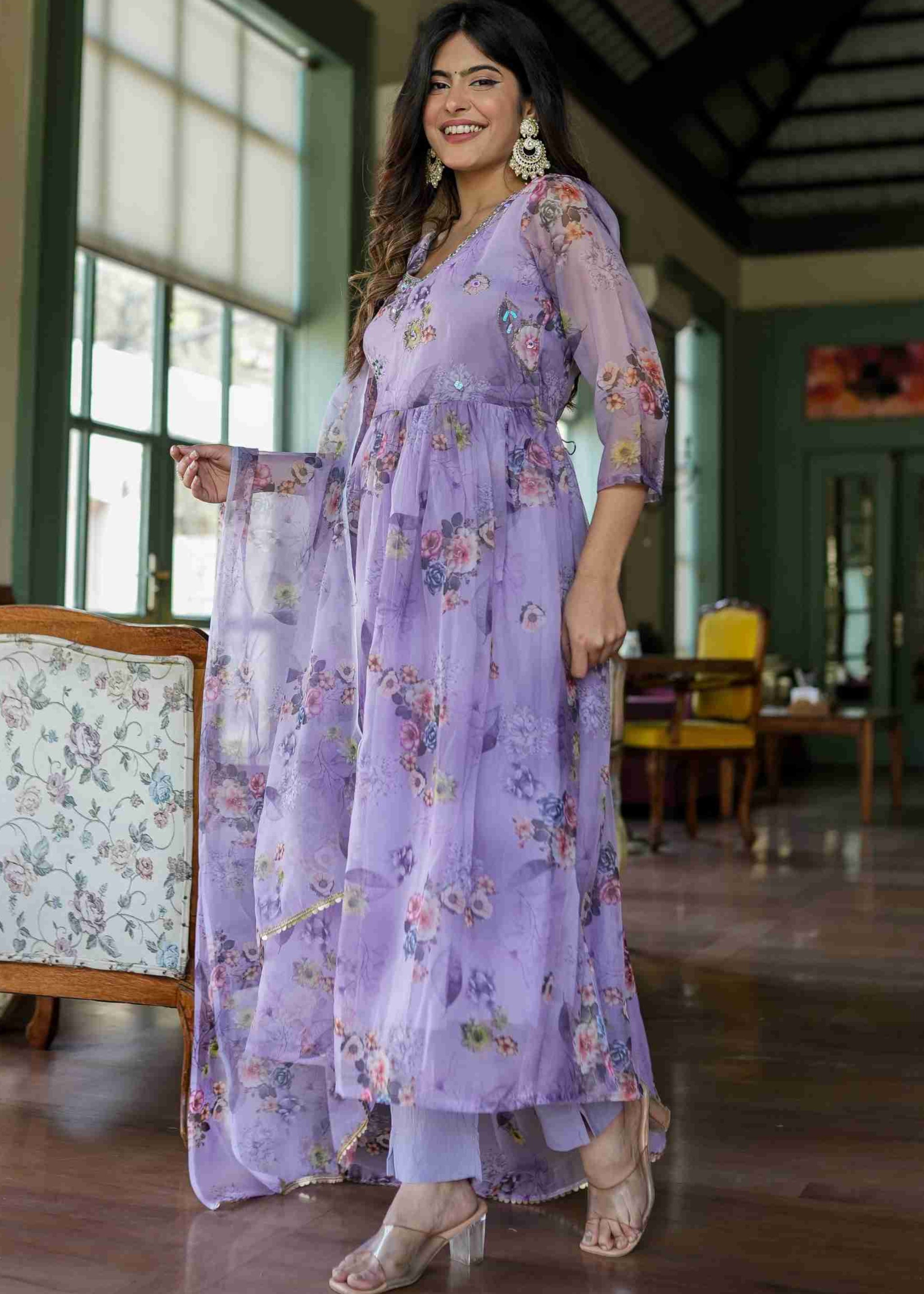 Organza Anarkali Suit Set Adorned With Elegant Purple Floral Motifs