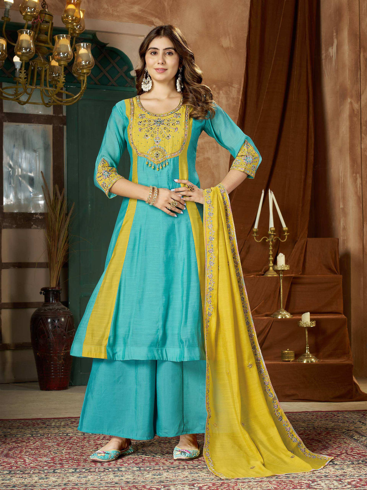 Turquoise & Mustard Embroidered Palazzo Suit Set