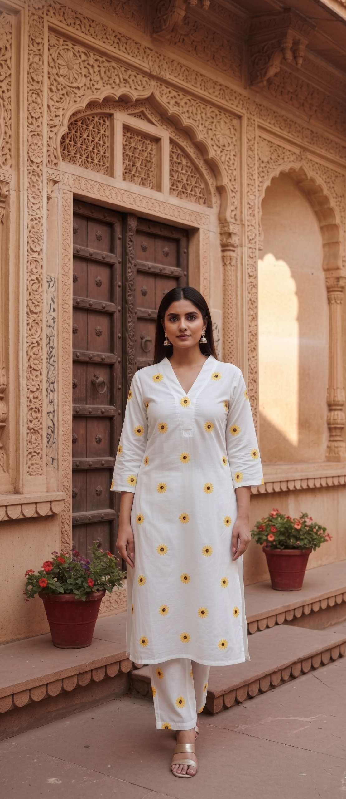 Elegant White Sunflower Printed Kurti