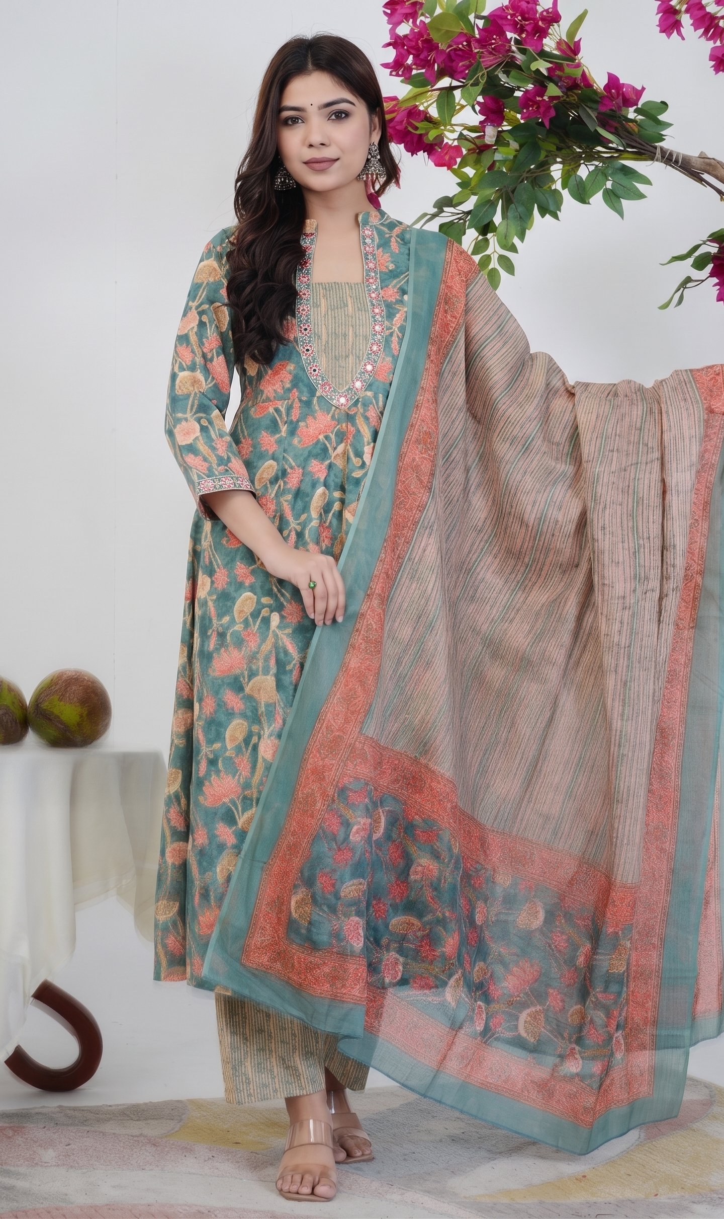 Teal & Peach Floral Printed A- Line Suit Set