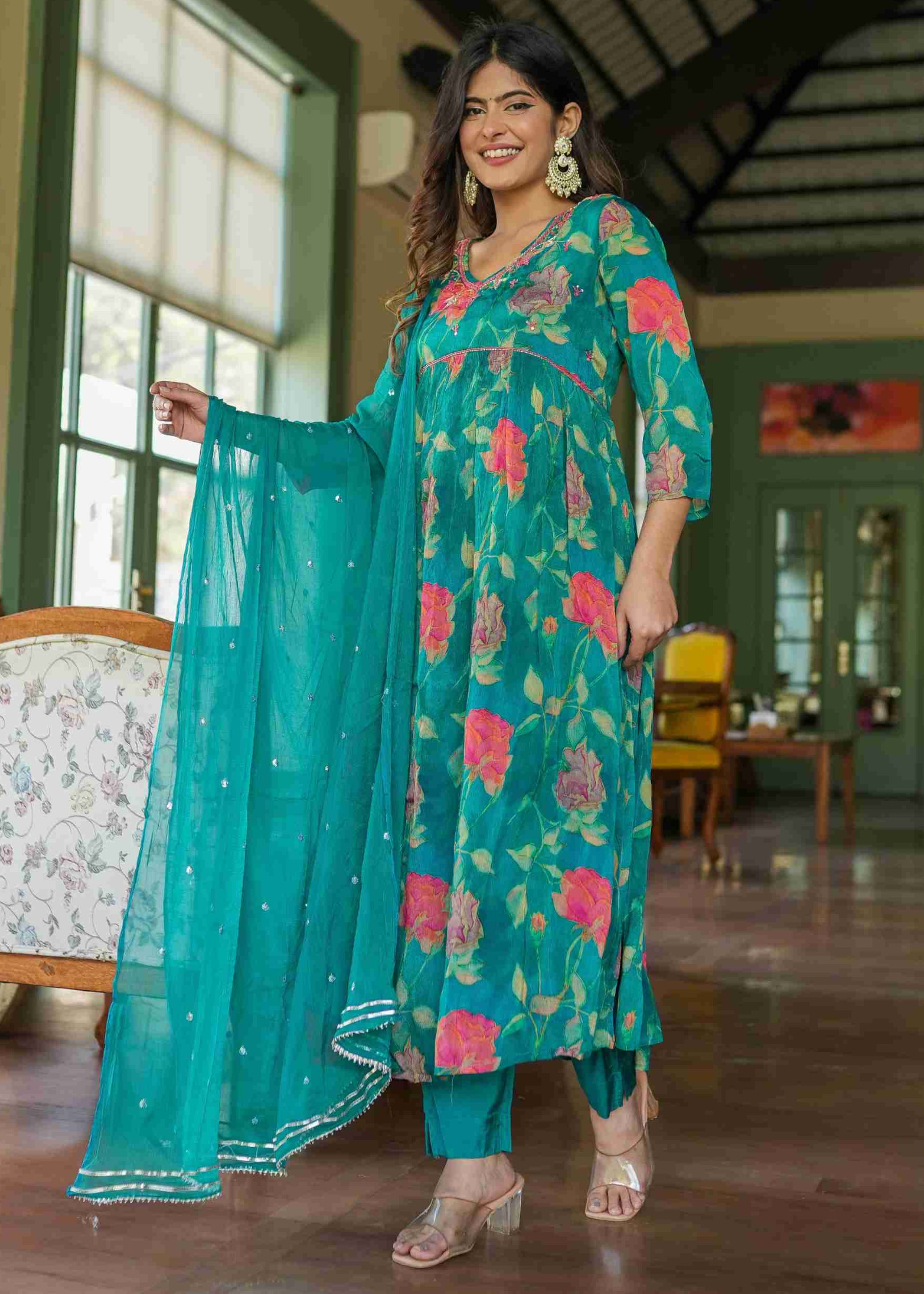 Green Floral Alia Cut kurta With Dupatta And Pant