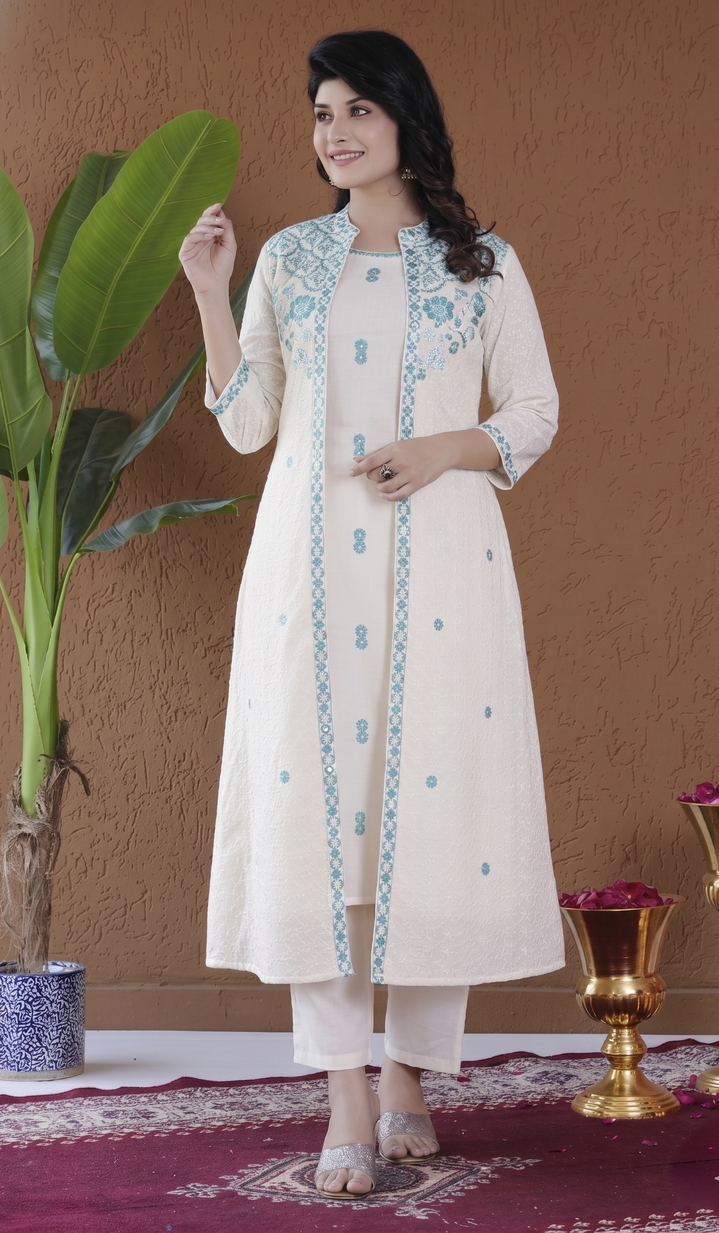Ivory & Aqua Embroidered Suit Set With Jacket
