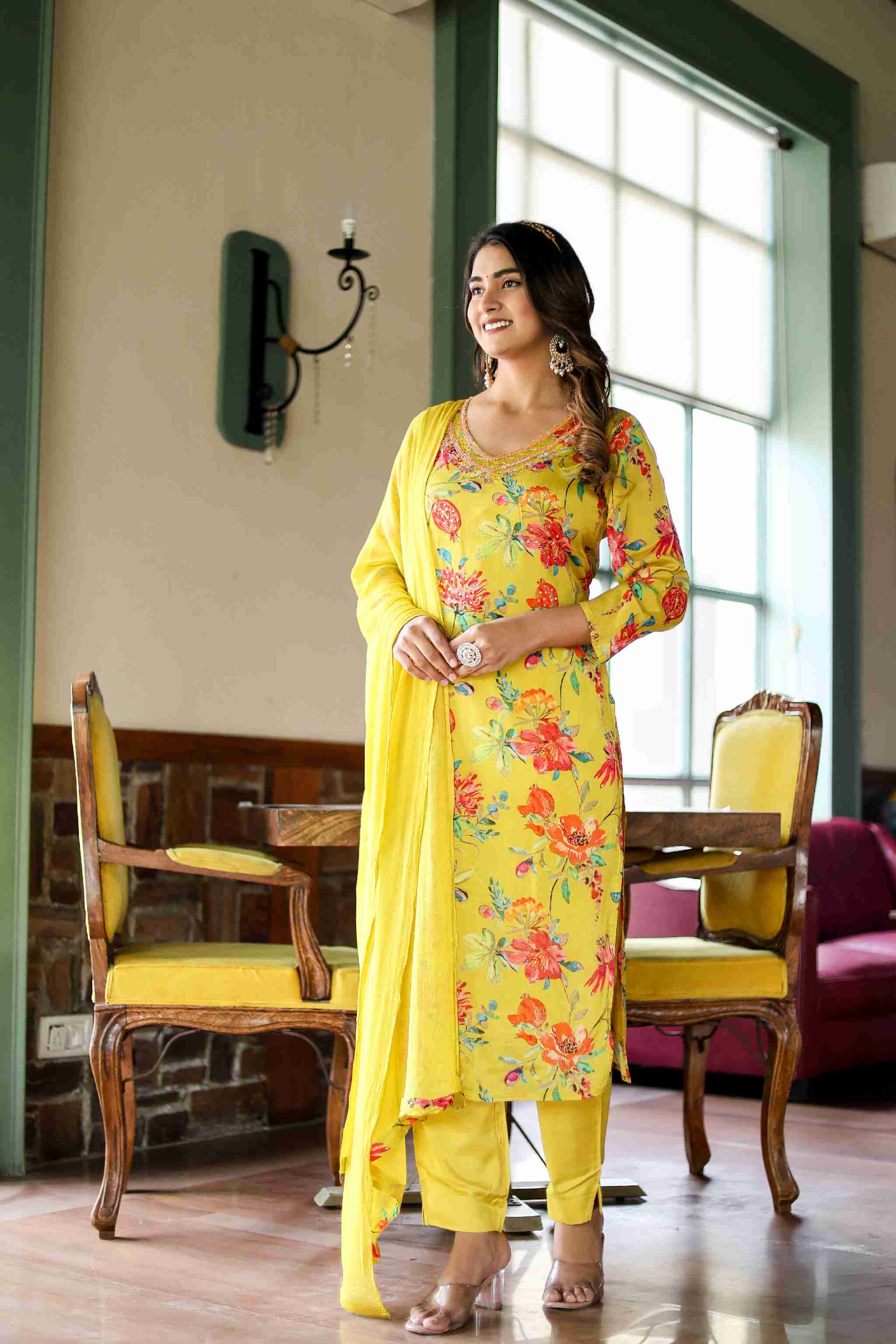 Ladoo Peela Colour Floral Chinon Straight Kurta With Pant and Dupatta