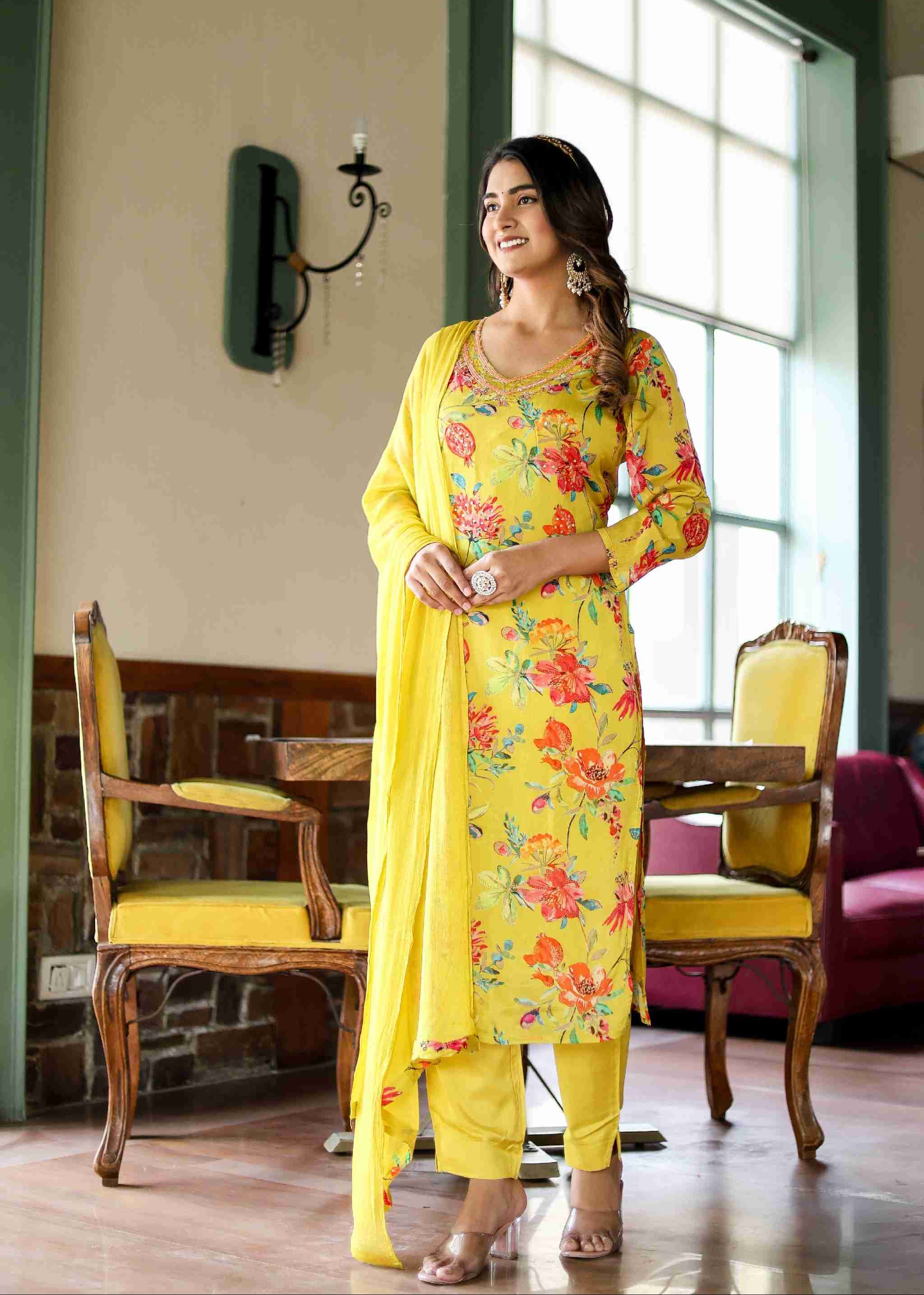 Ladoo Peela Colour Floral Chinon Straight Kurta With Pant And Dupatta