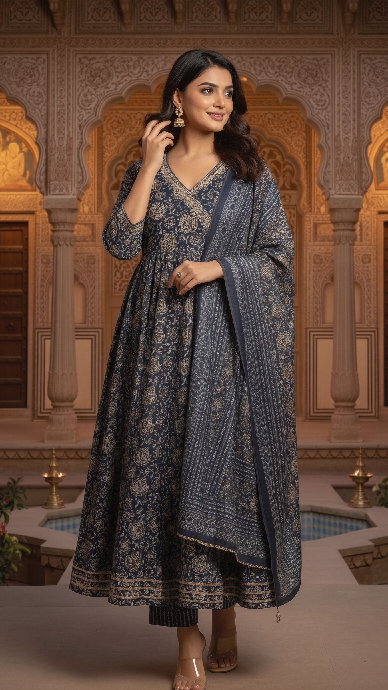 Slate Blue Floral Anarkali Suit Set