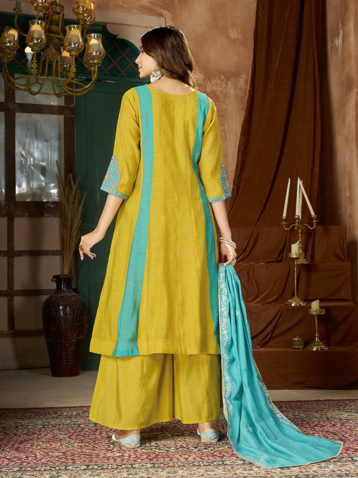 Mustard Yellow & Turquoise Embroidered Palazzo Suit Set