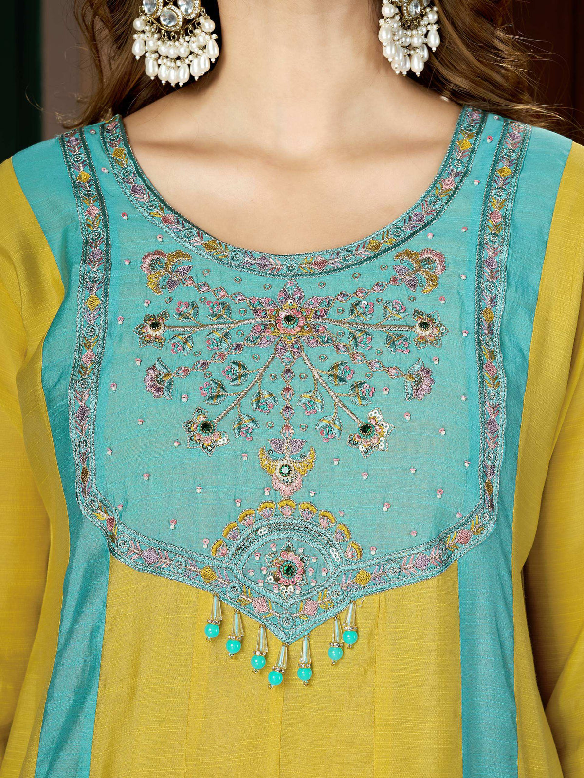 Mustard Yellow & Turquoise Embroidered Palazzo Suit Set
