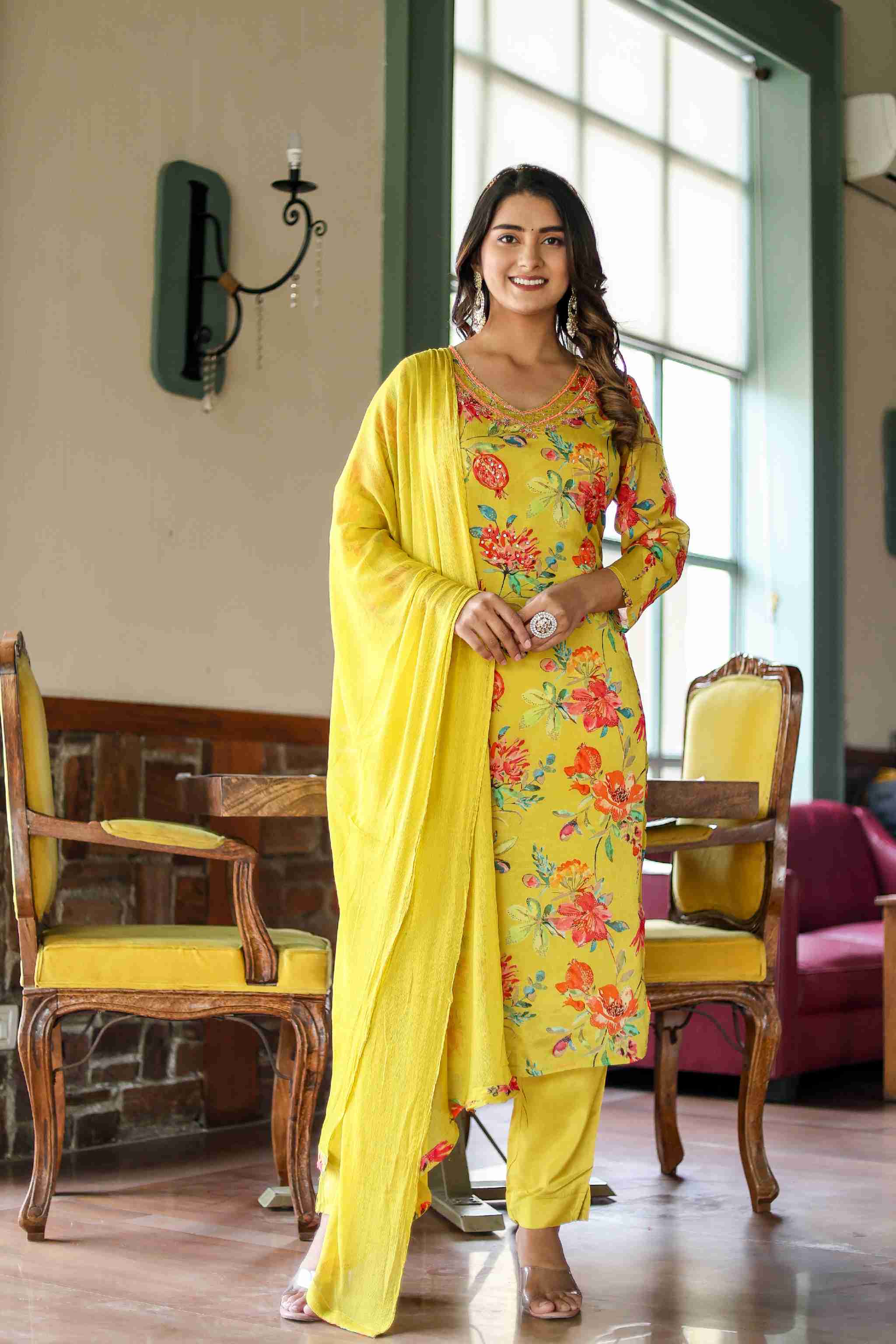 Ladoo Peela Colour Floral Chinon Straight Kurta With Pant and Dupatta