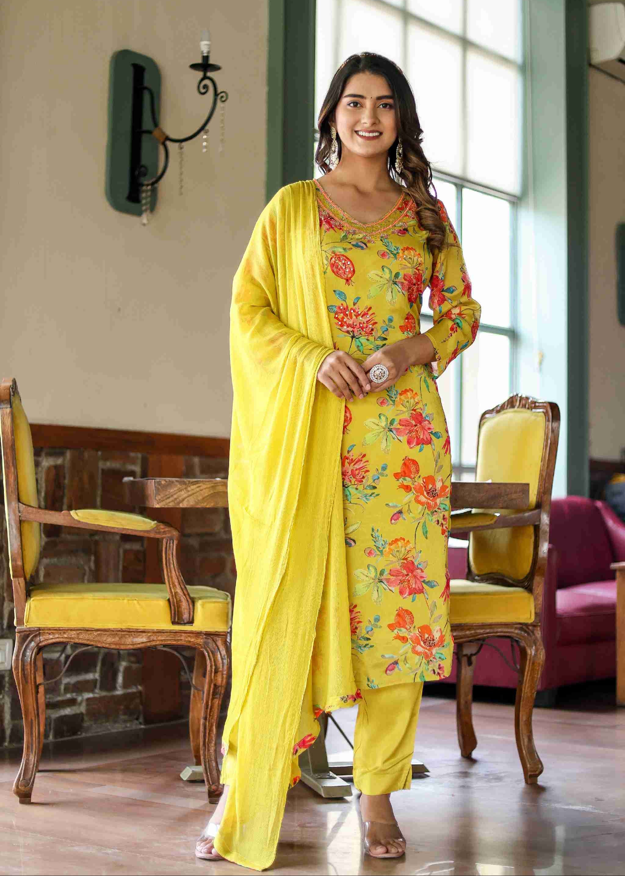 Ladoo Peela Colour Floral Chinon Straight Kurta With Pant And Dupatta