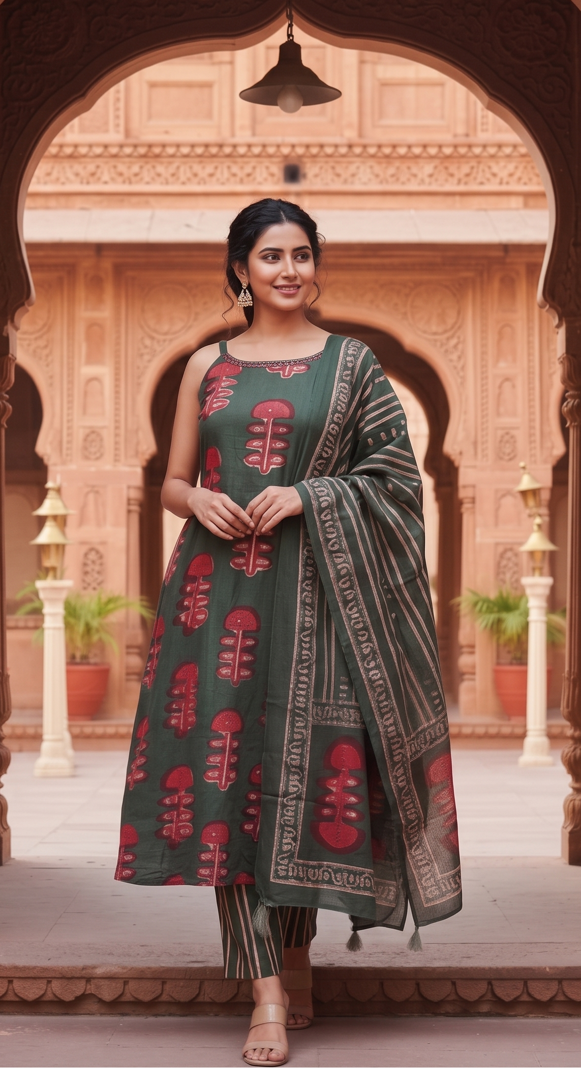Bottle Green Block Printed Straight Kurta Suit Set