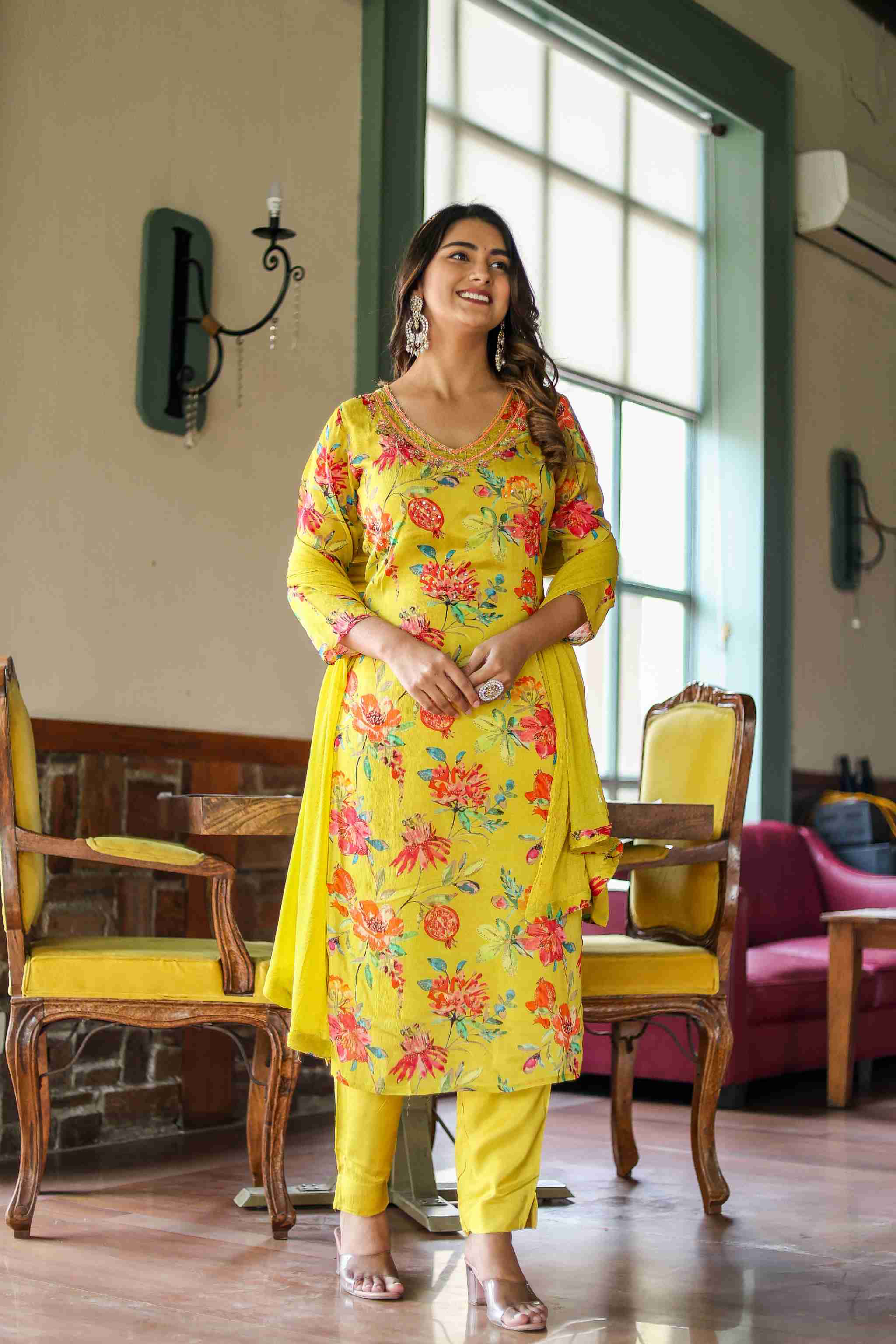 Ladoo Peela Colour Floral Chinon Straight Kurta With Pant and Dupatta