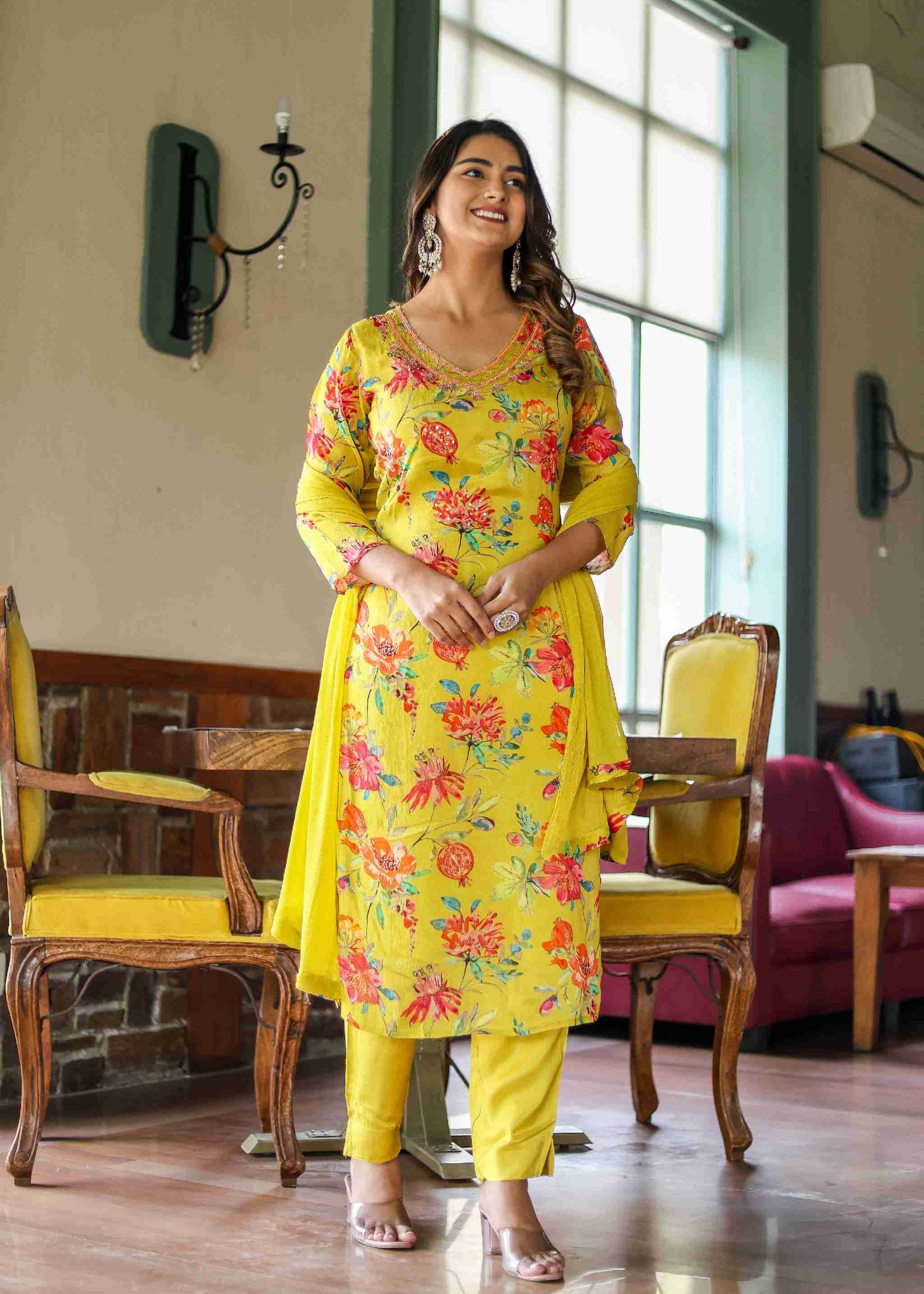 Ladoo Peela Colour Floral Chinon Straight Kurta With Pant And Dupatta