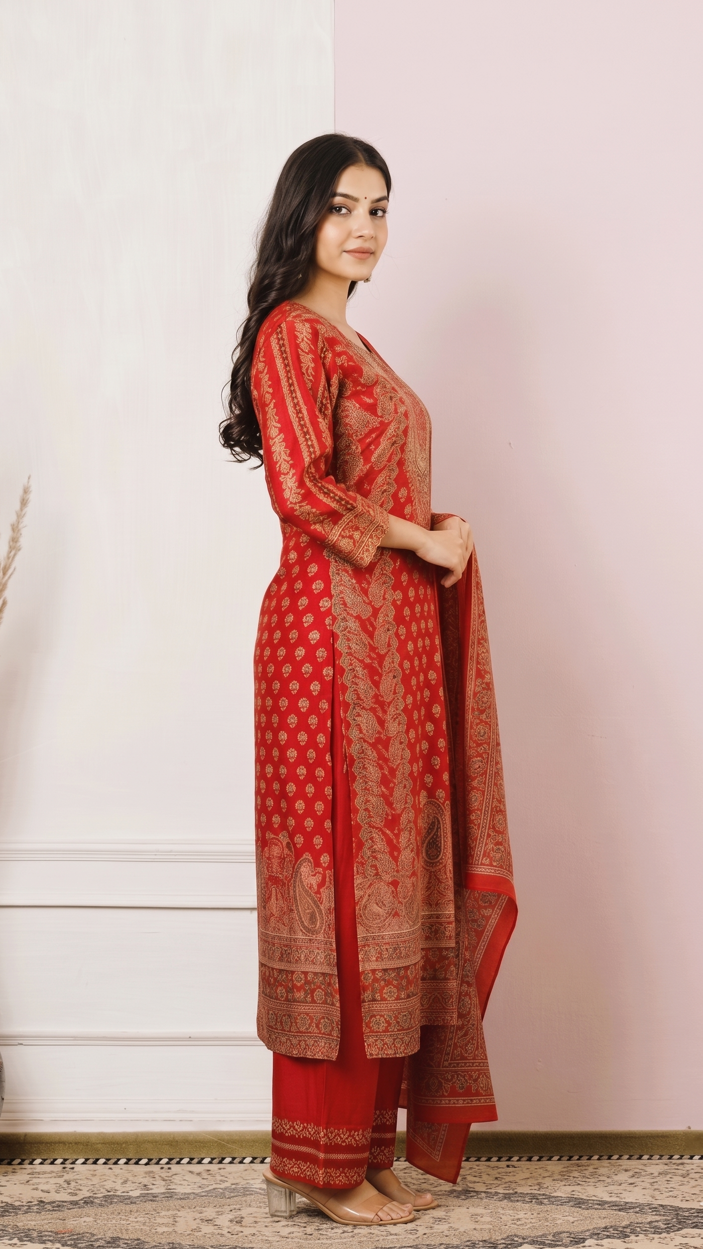 Red Printed Straight Kurta Set