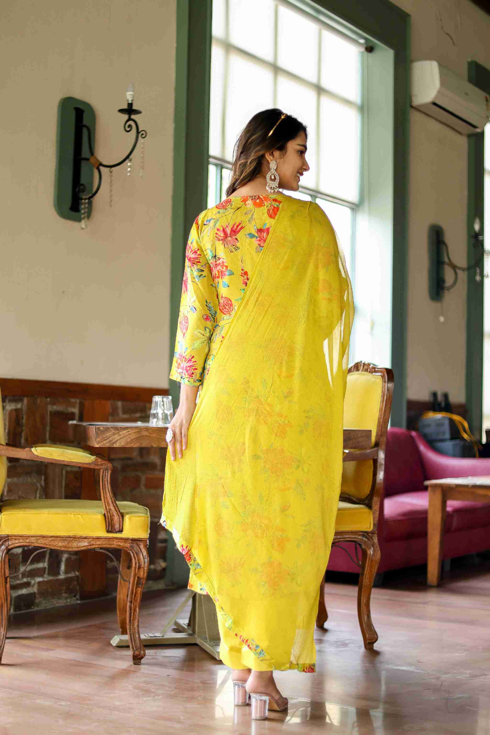 Ladoo Peela Colour Floral Chinon Straight Kurta With Pant and Dupatta