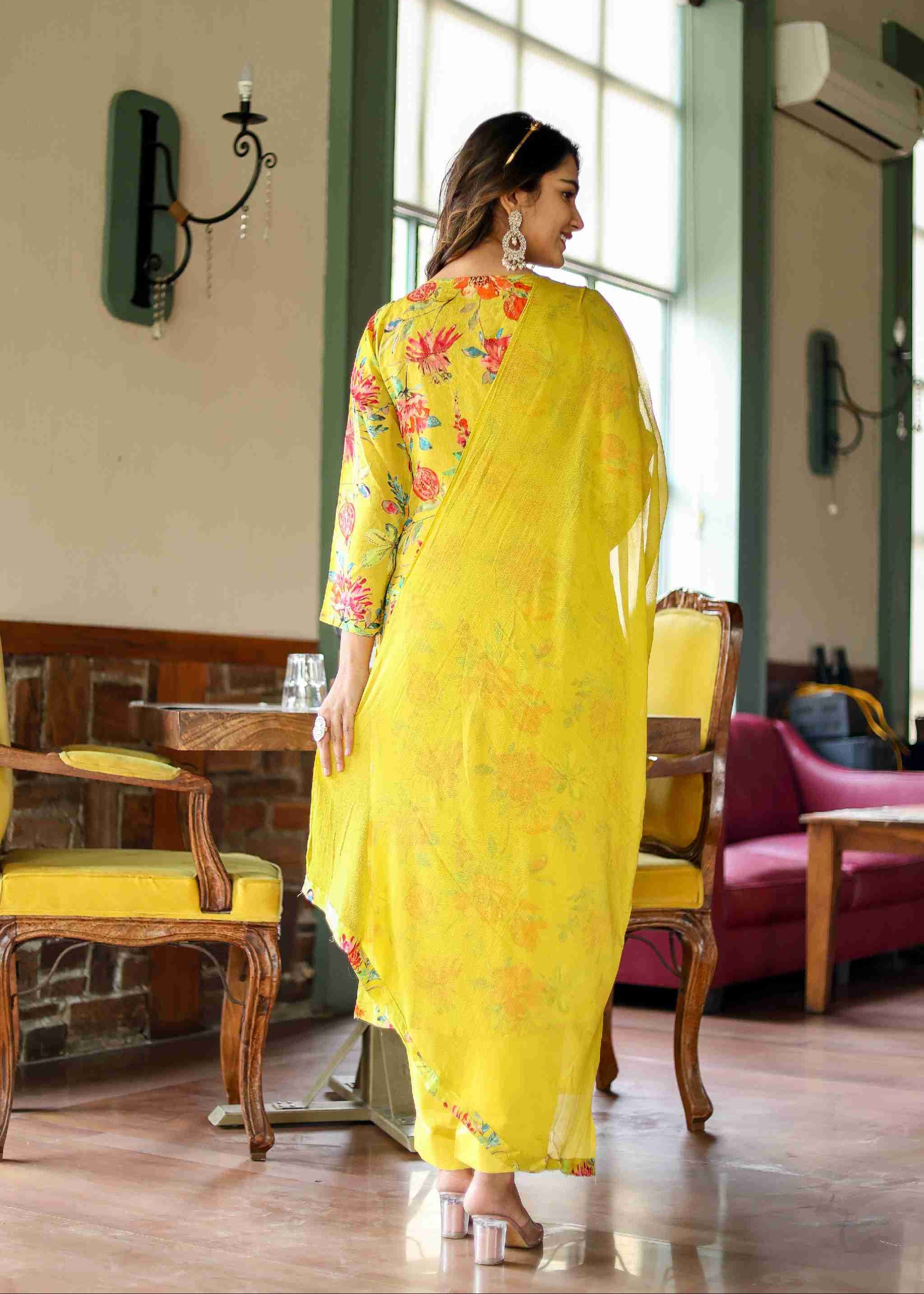 Ladoo Peela Colour Floral Chinon Straight Kurta With Pant And Dupatta