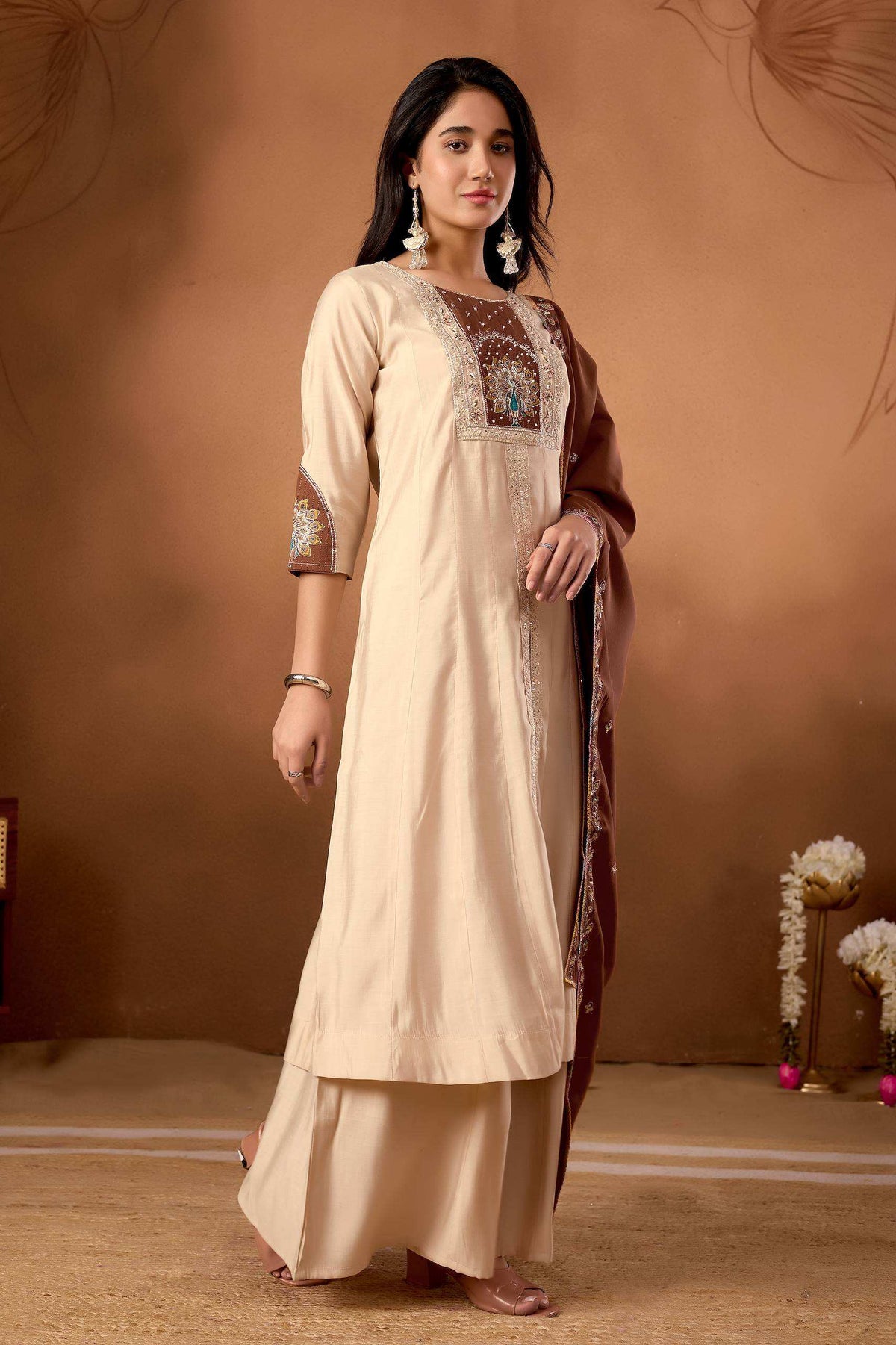 Ivory Beige Embroidered Kurta Set