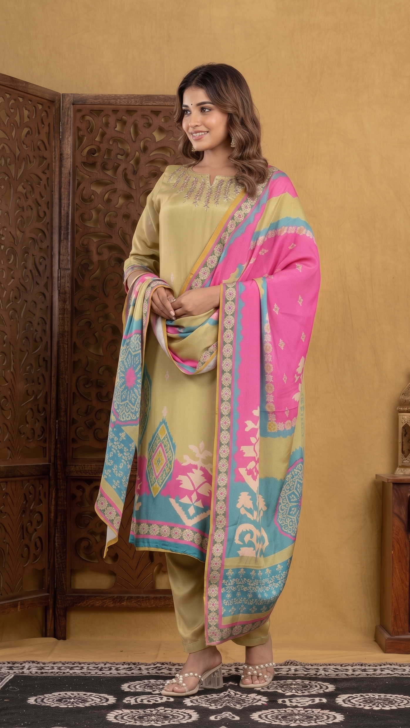 Vibrant Olive Green & Multi-Colour Printed Suit Set