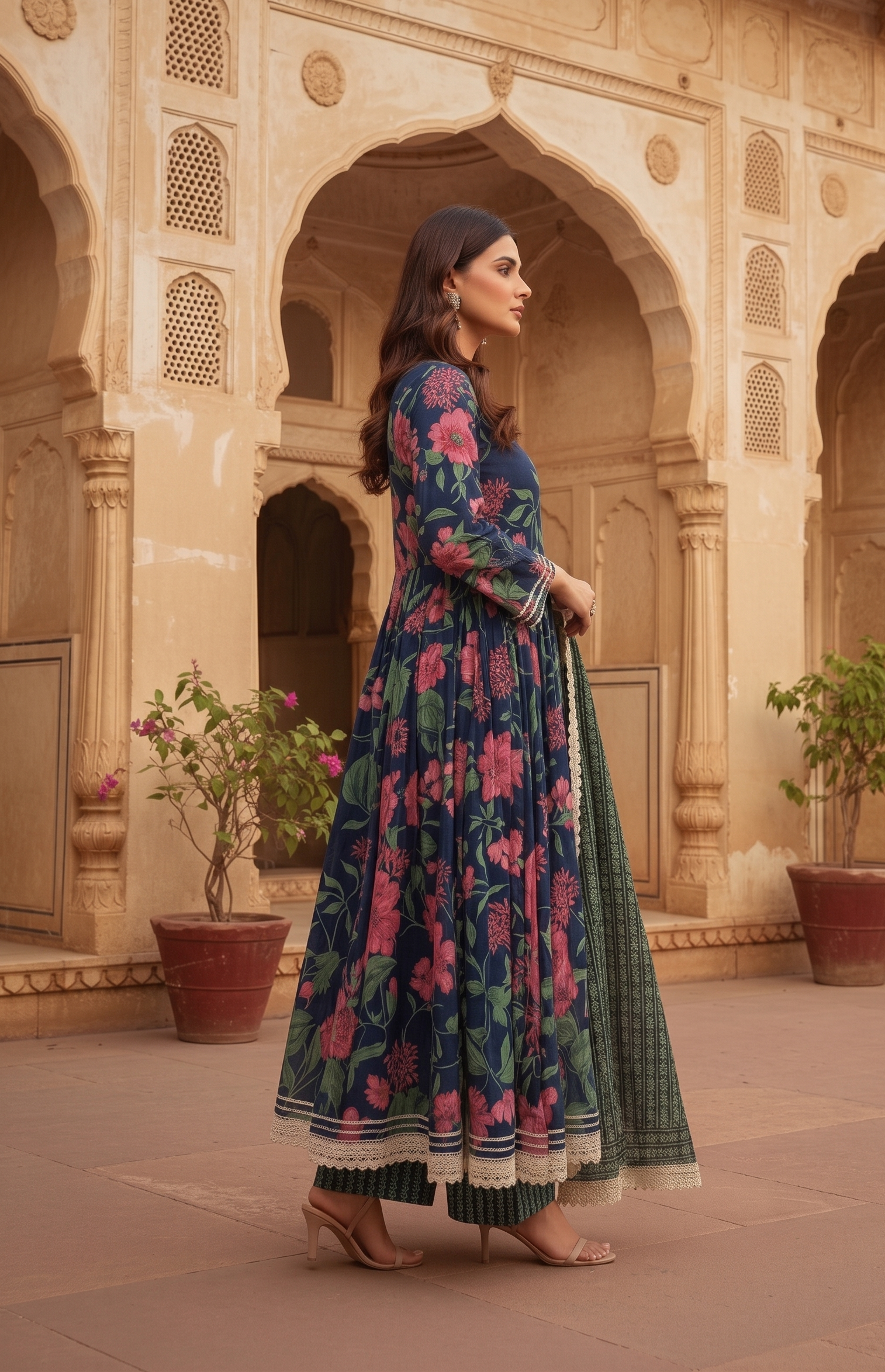Navy Blue Floral Anarkali Suit Set