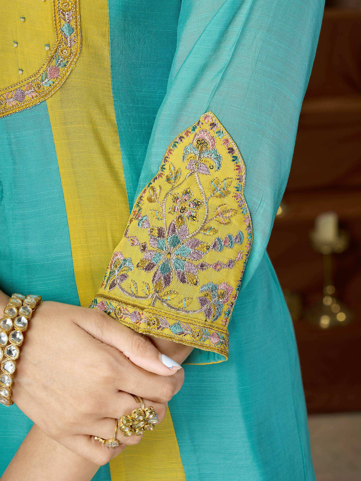 Turquoise & Mustard Embroidered Palazzo Suit Set