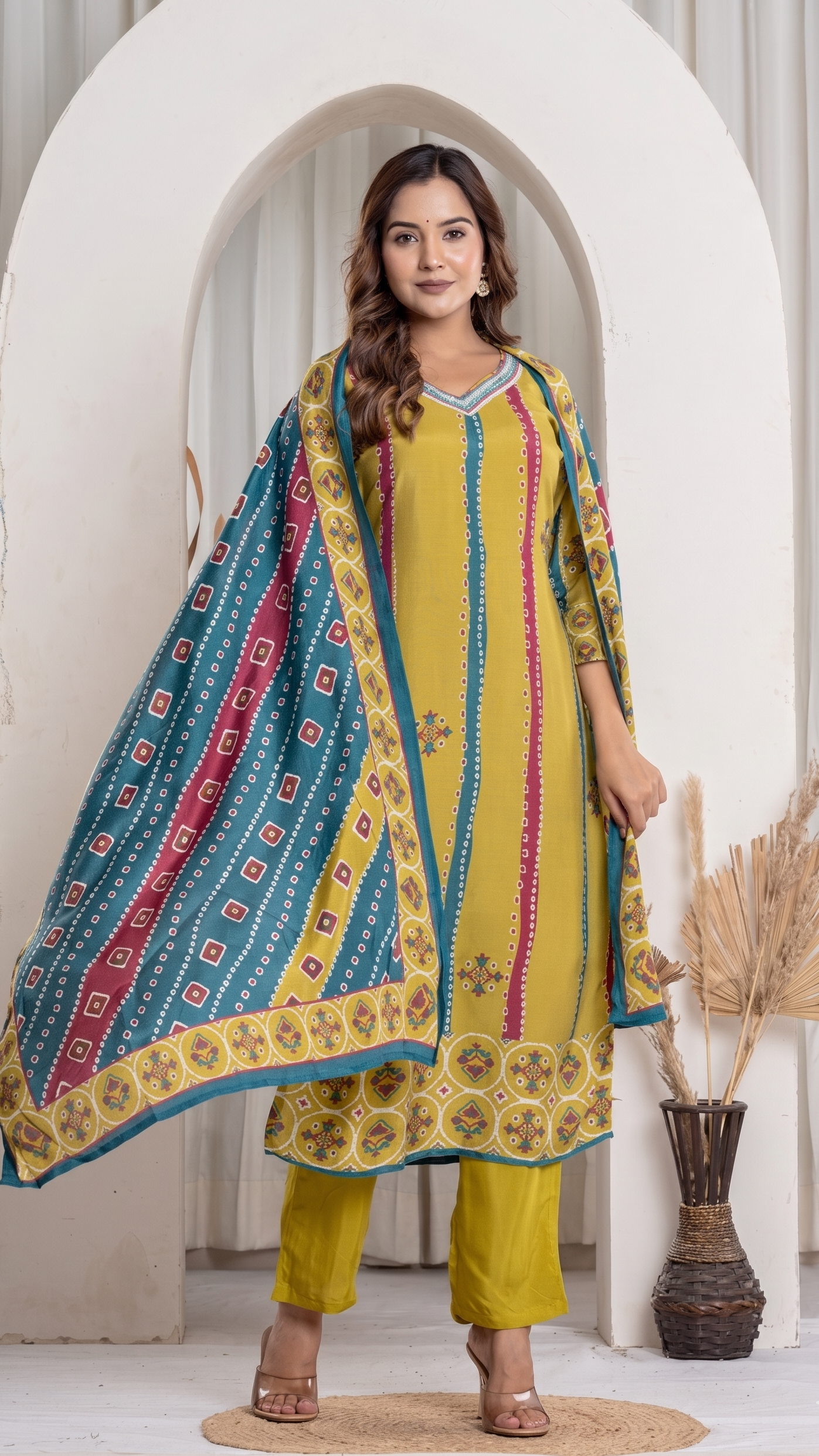 Olive Green With Multi-Colour Straight Kurta Suit Set