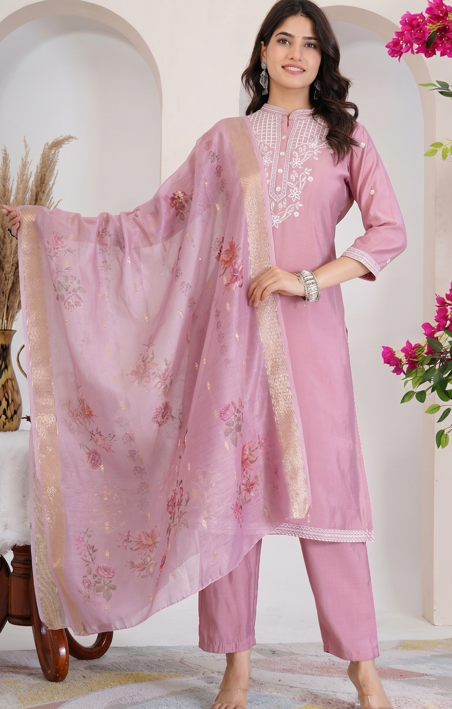 Dusty Pink Embroidered Straight Kurta Suit Set