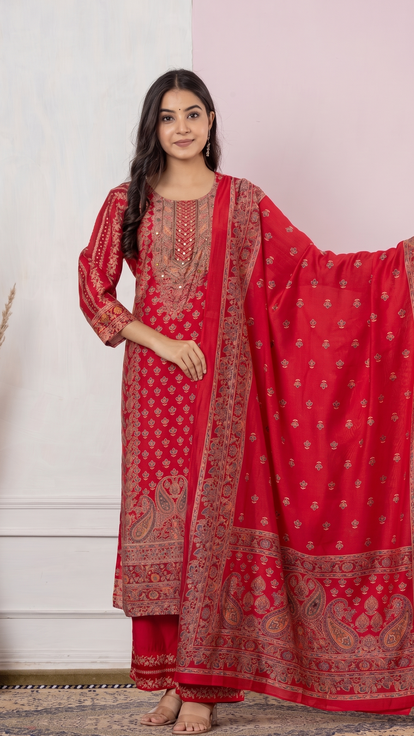 Red Printed Straight Kurta Set