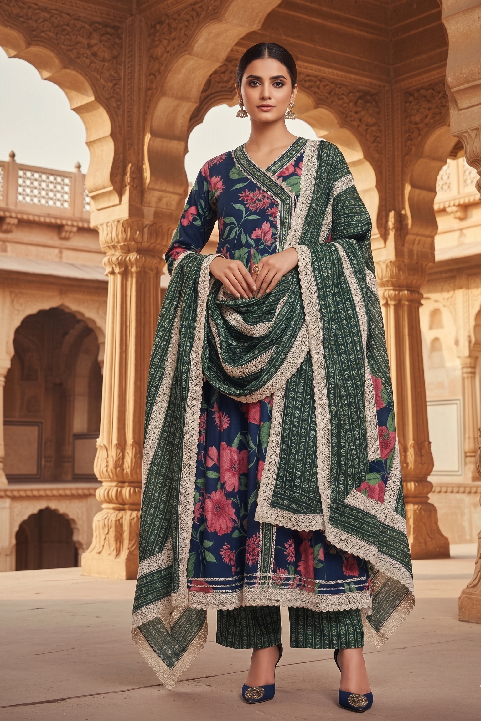 Navy Blue Floral Anarkali Suit Set