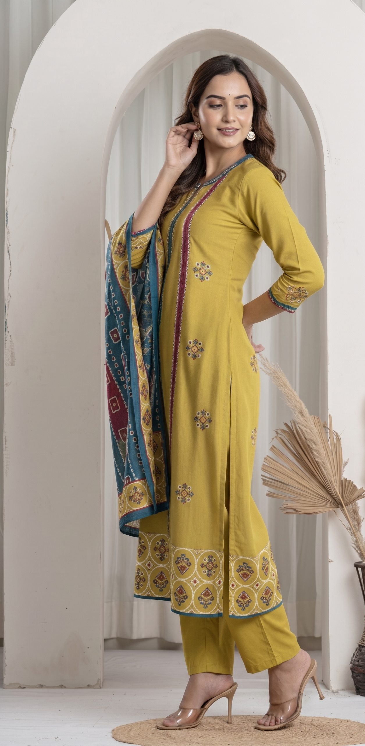 Olive Green With Multi-Colour Straight Kurta Suit Set