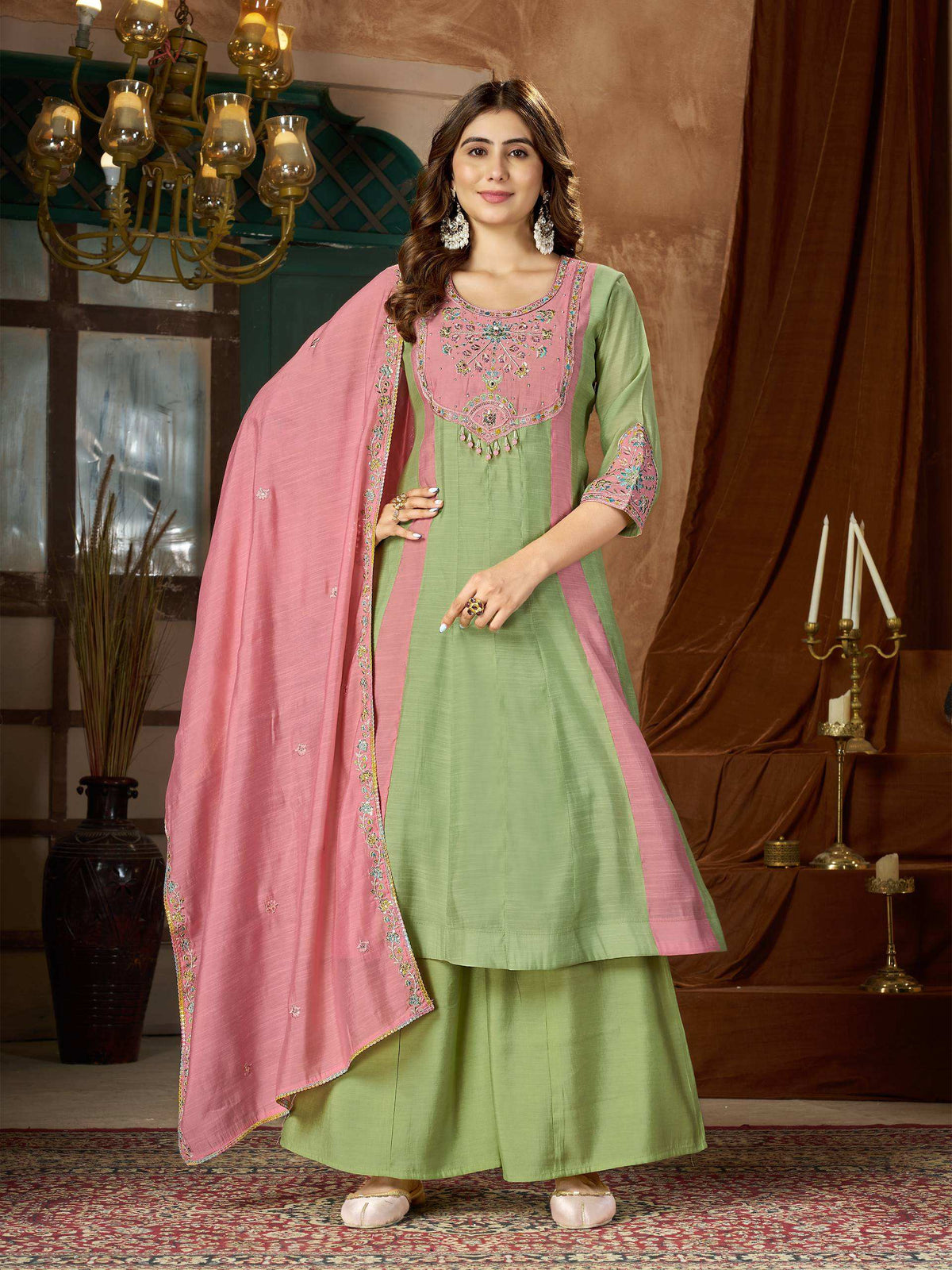 Sage Green & Pink Embroidered Palazzo Suit Set