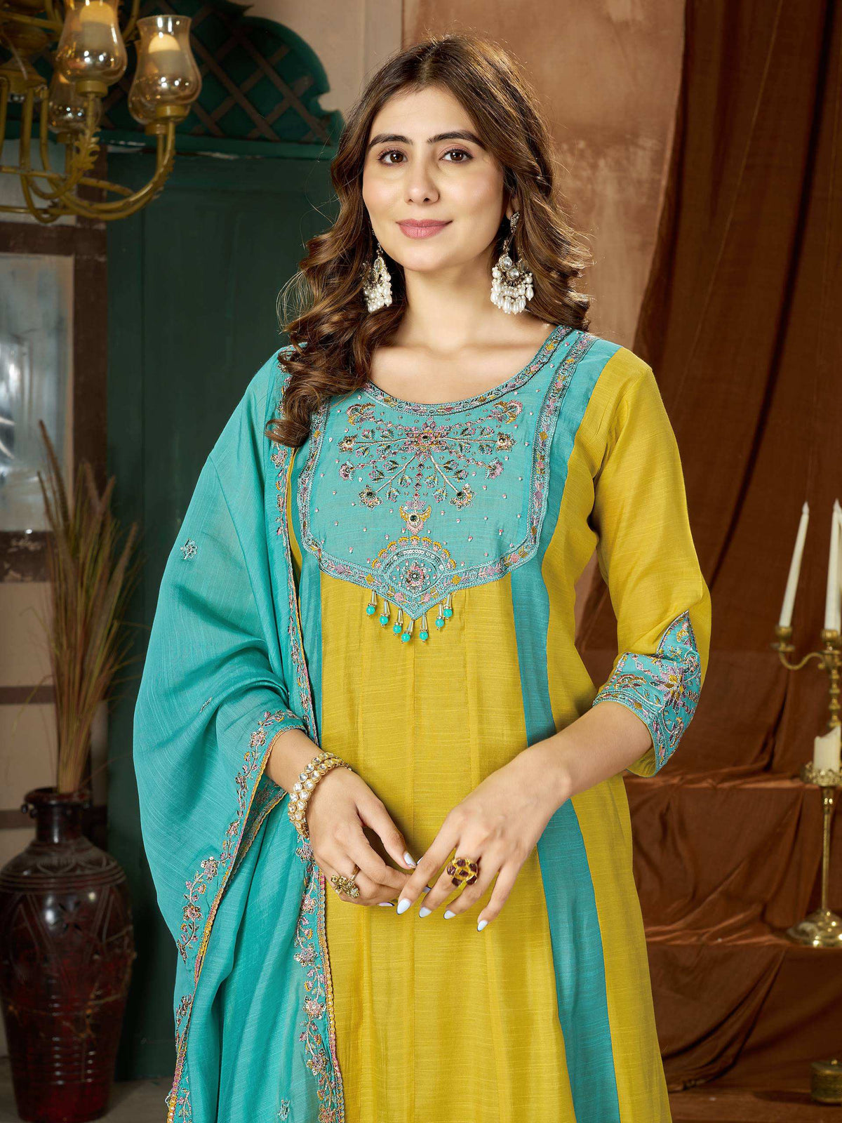 Mustard Yellow & Turquoise Embroidered Palazzo Suit Set