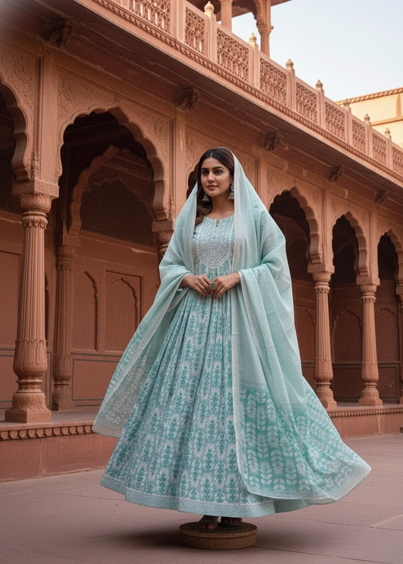 Aqua Blue Embroidered Floral Kurti