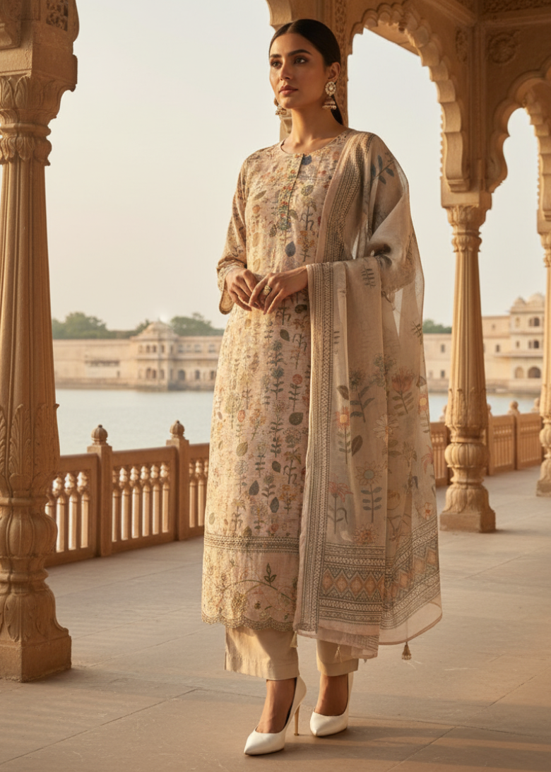 Beige Floral Printed Kurti