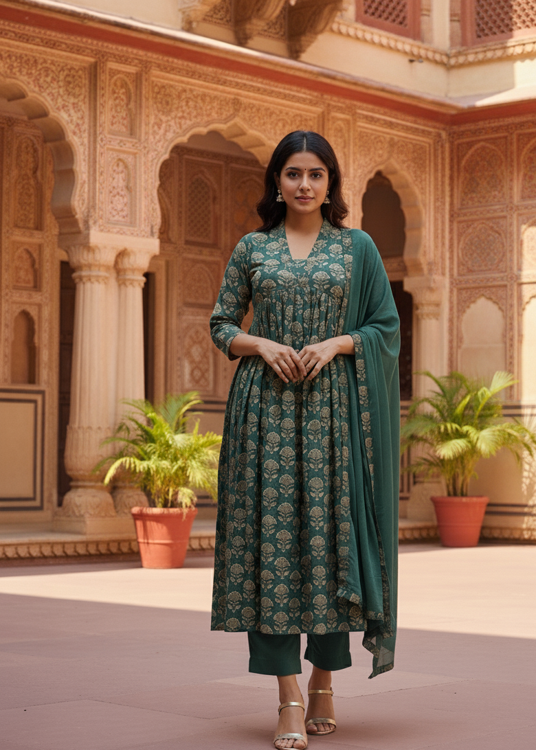 Bottle Green Floral Sequin Kurti