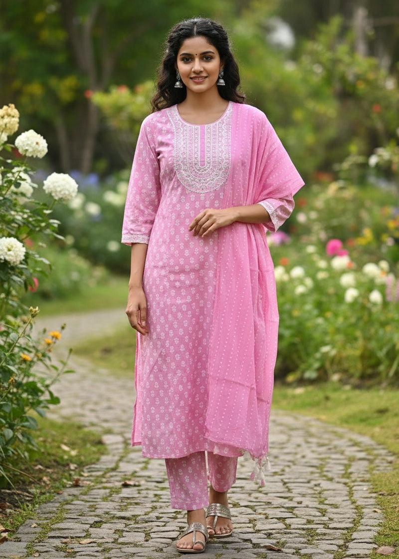Baby Pink Floral Embroidered Kurti Set