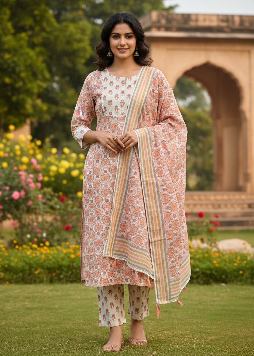 Beige Paisley Print Embroidered Kurti