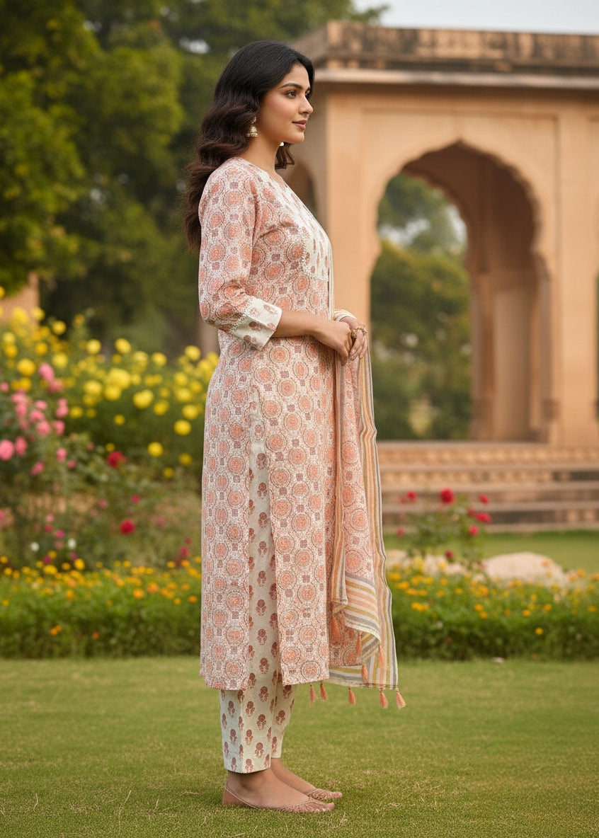 Beige Paisley Print Embroidered Kurti