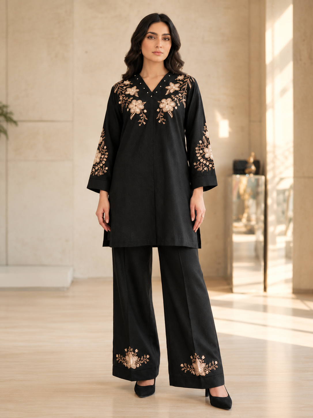 Black Floral Embroidered Co-ord Set